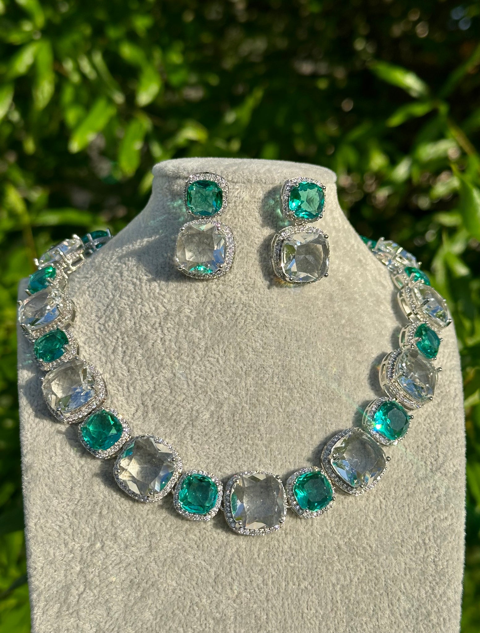 Turquoise & Diamondesque Squares Halo Necklace & Earrings Set