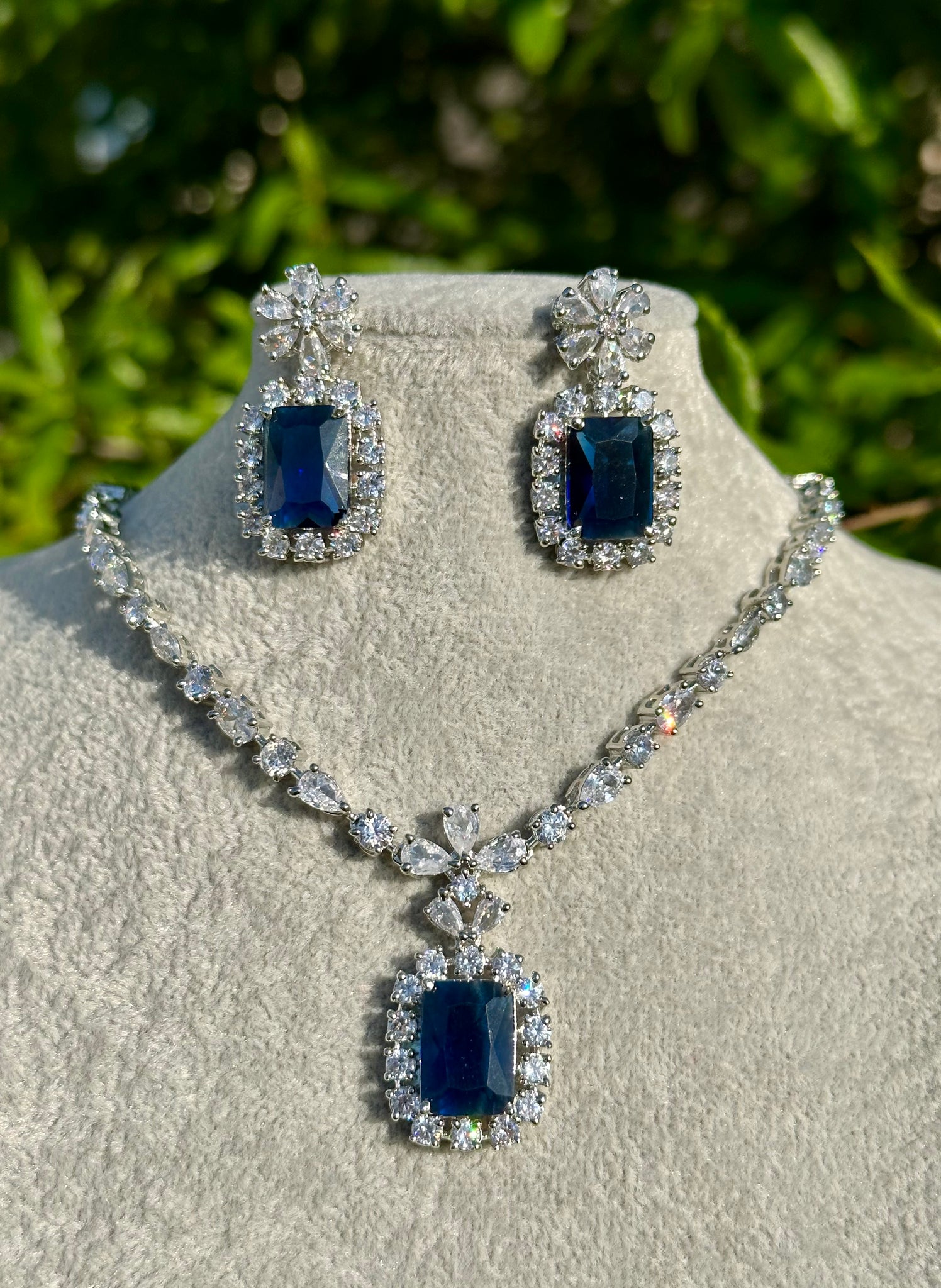 Petite Sapphire Princess Pendant Necklace & Earrings Set