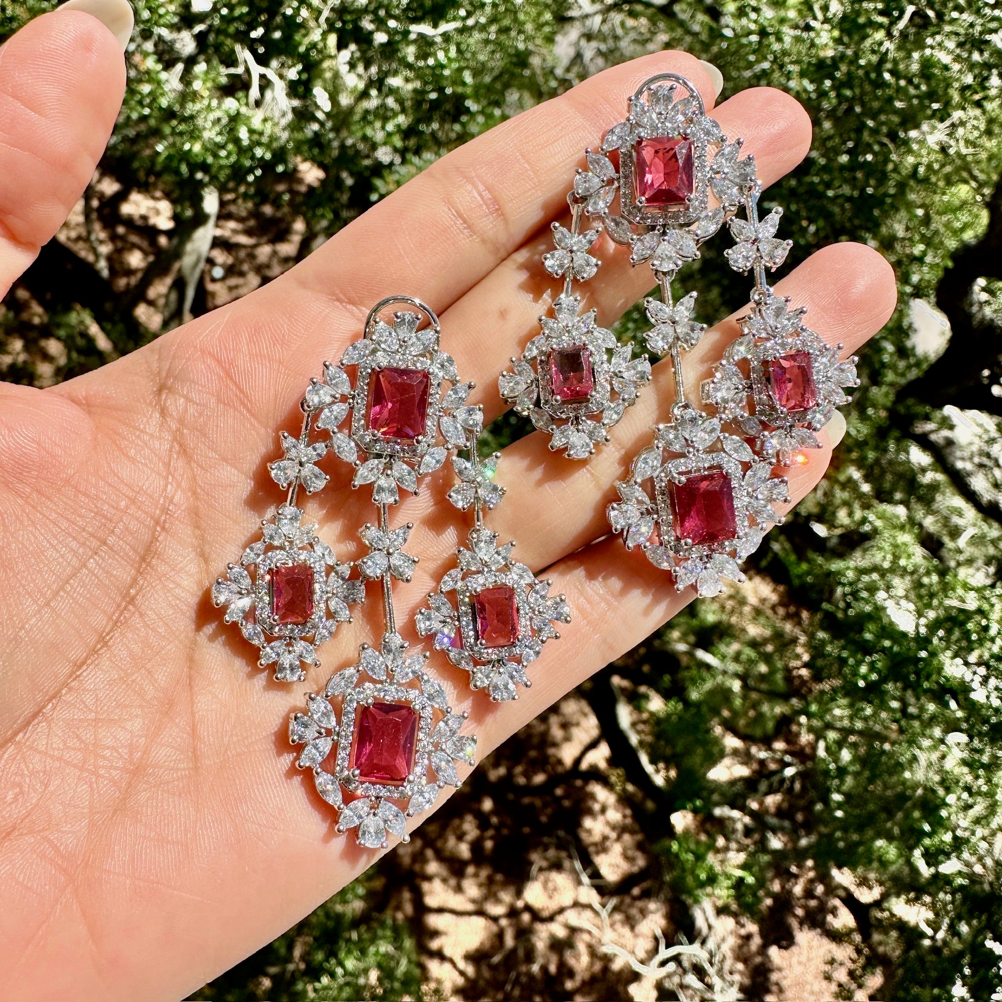 Ruby Dangling Clusters Diamondesque Earrings