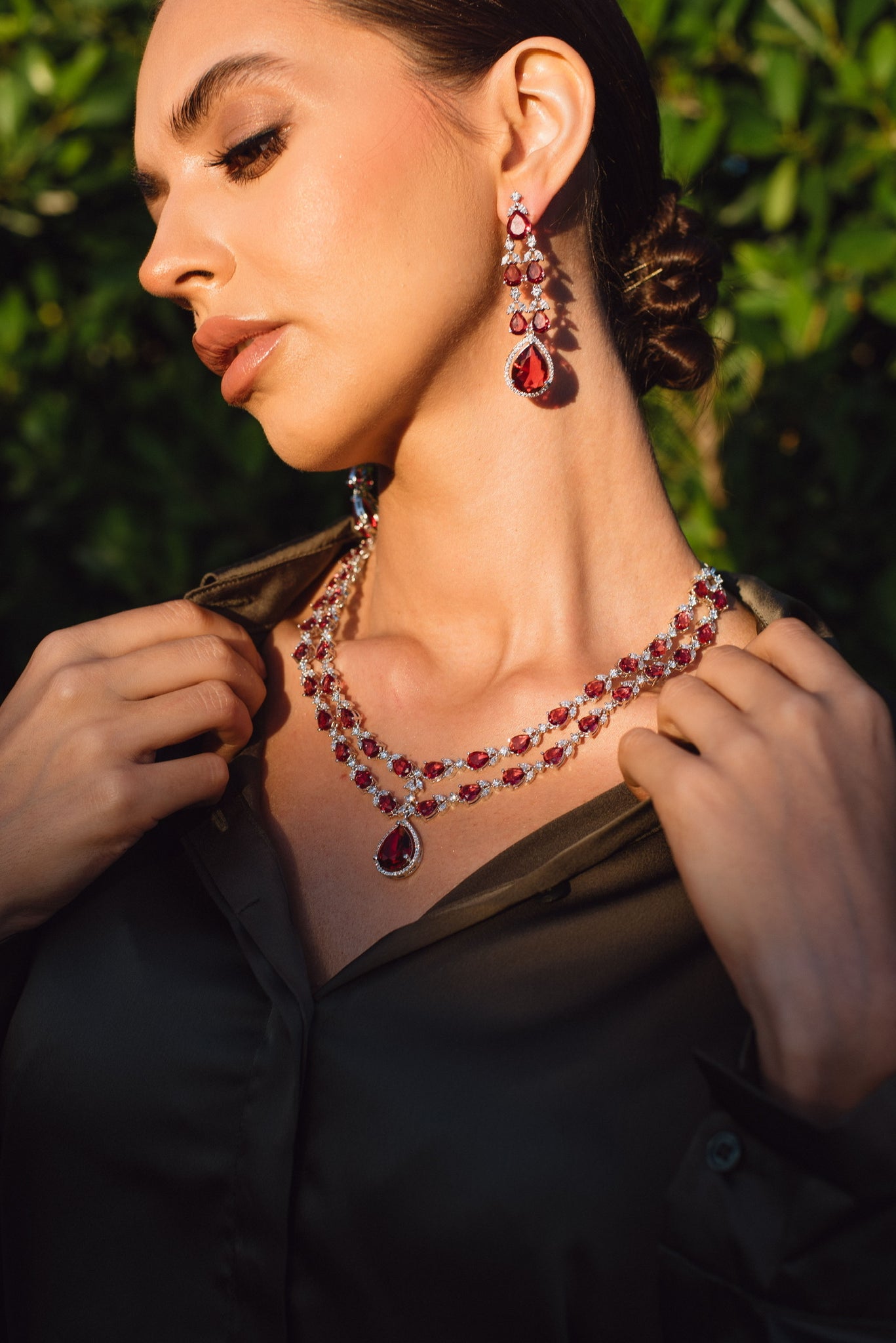 Blushing Ruby Teardrops Pendant Necklace & Earrings Set