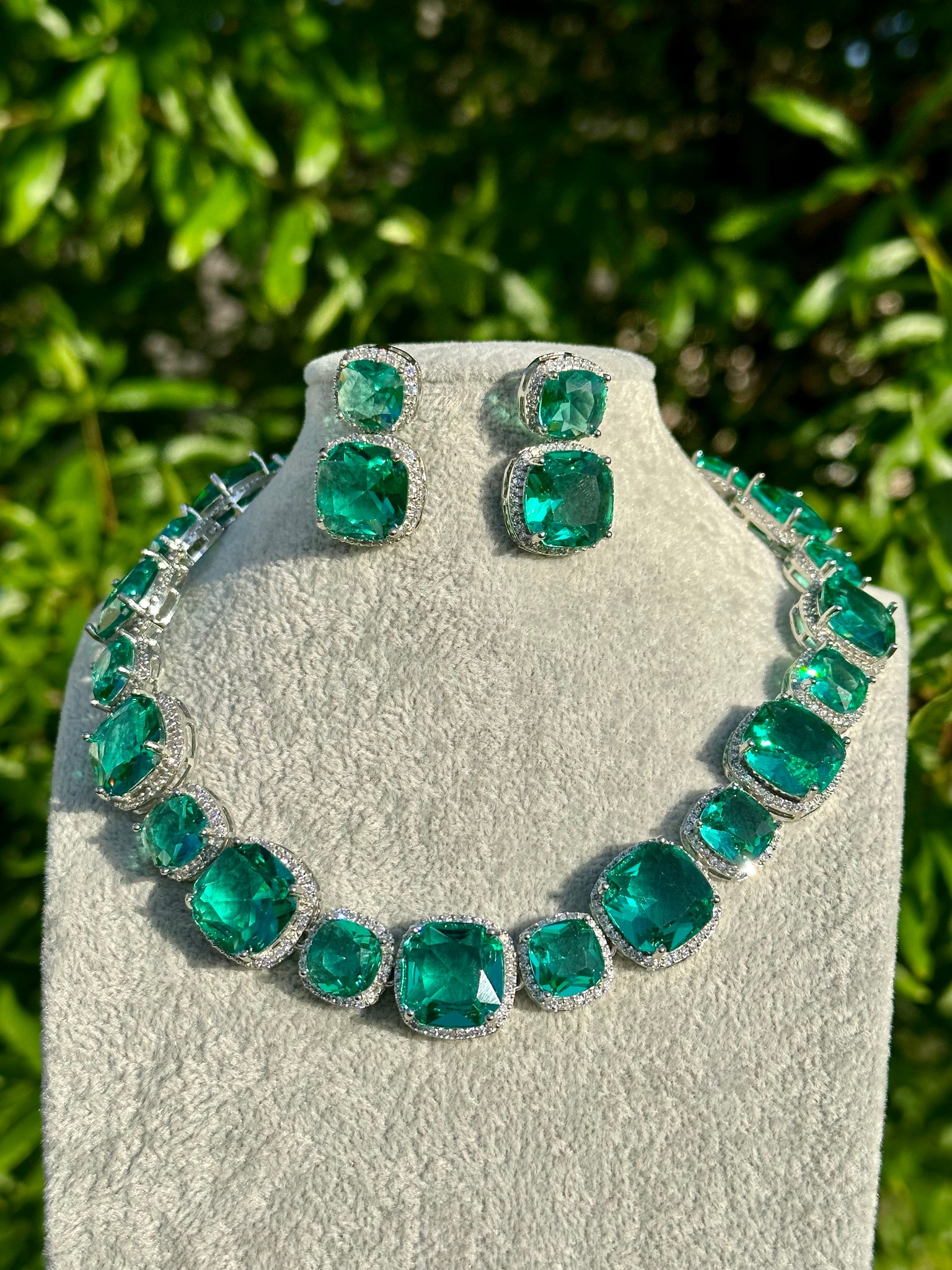 Turquoise Squares Halo Necklace & Earrings Set