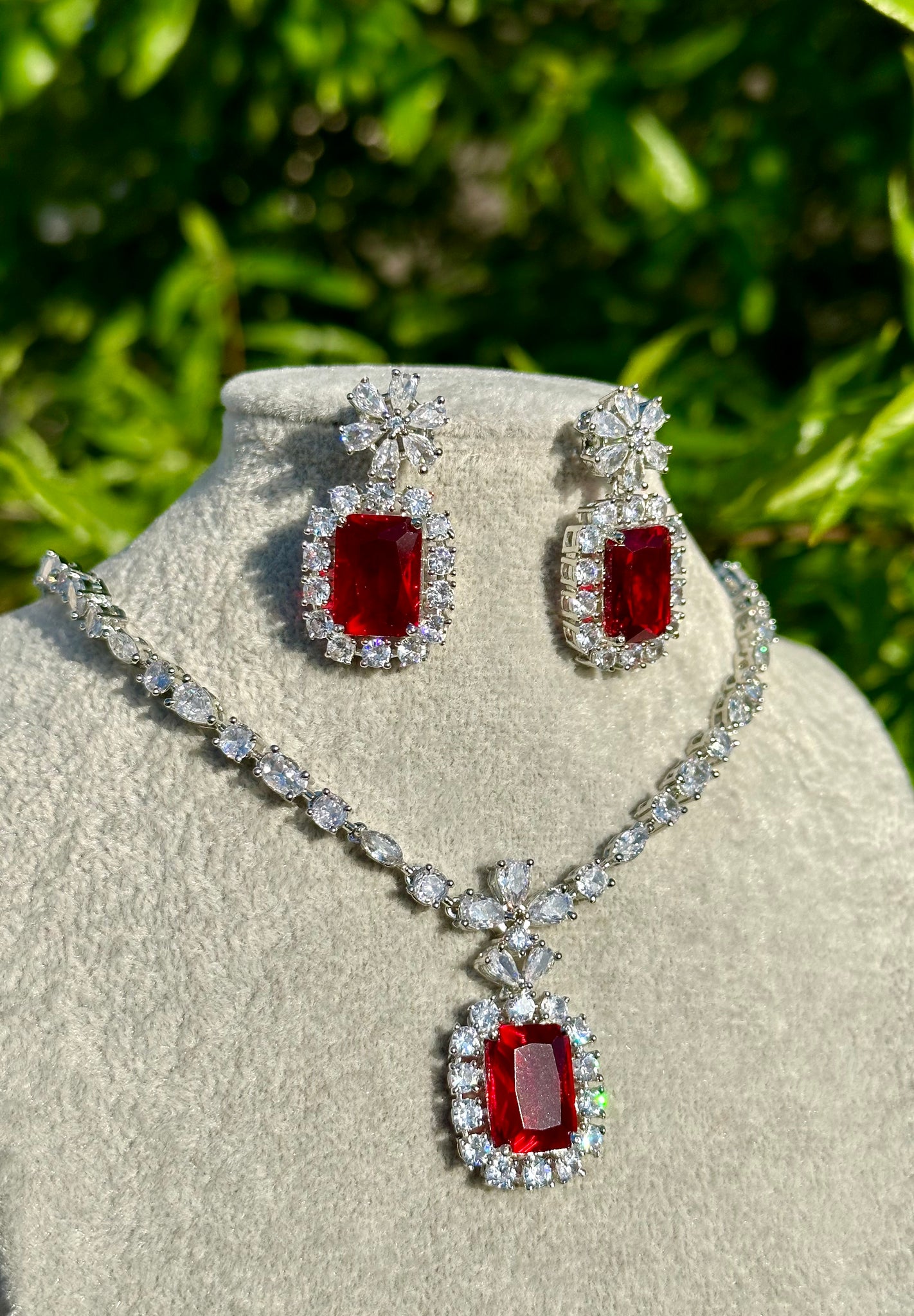 Petite Ruby Princess Pendant Necklace & Earrings Set