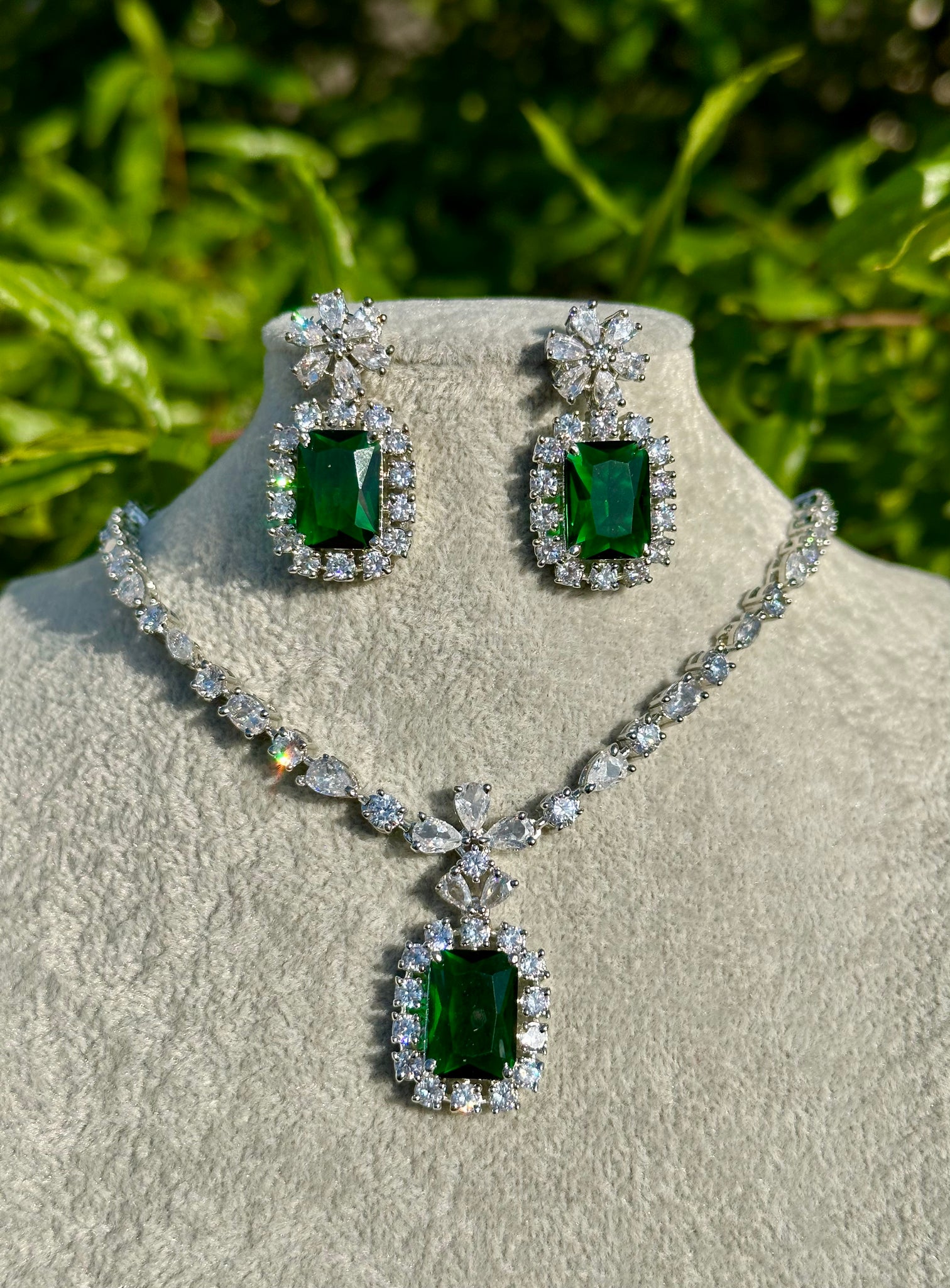 Petite Emerald Princess Pendant Necklace & Earrings Set