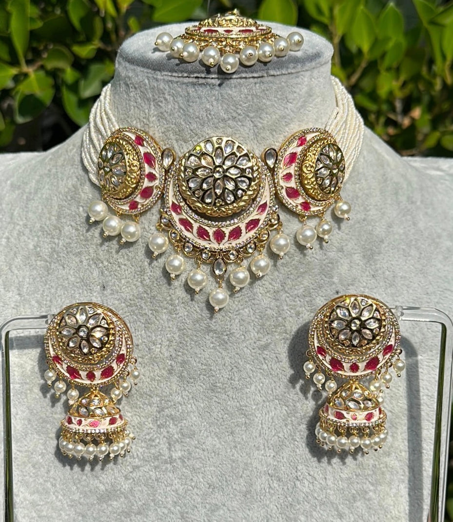 Pink Kundan & Pearls Painted Medallion Necklace & Earrings Set