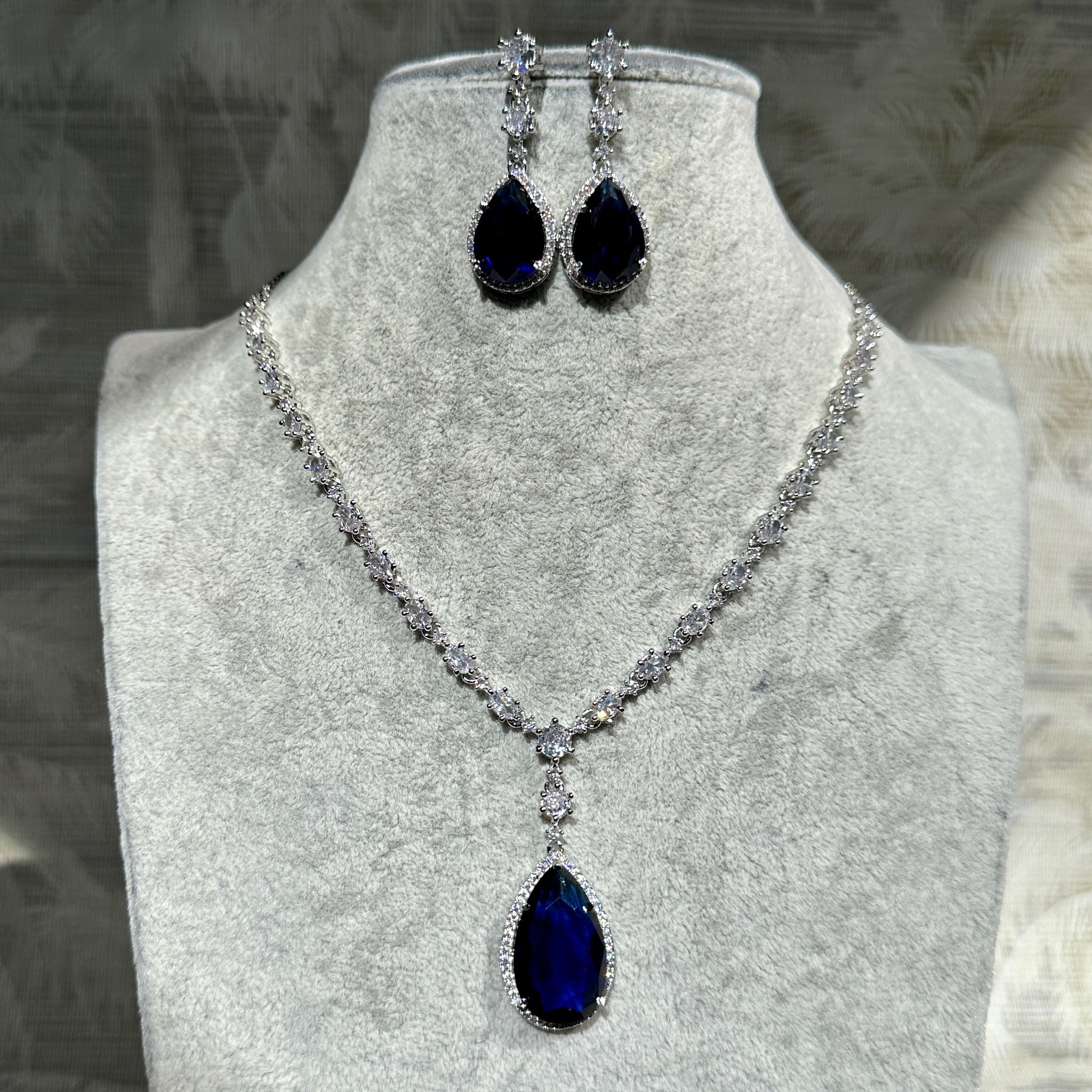 Sapphire Teardrop Halo Line Necklace & Earrings Set