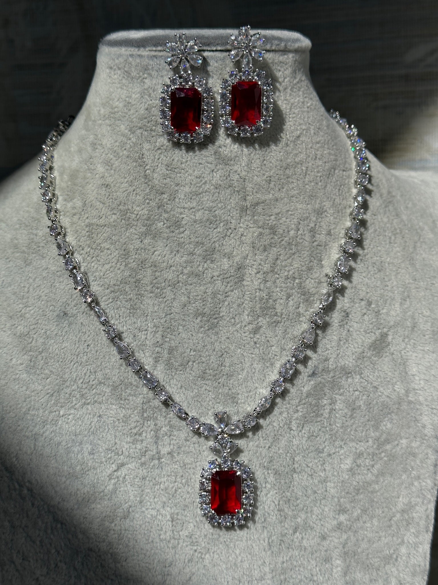 Petite Ruby Princess Pendant Necklace & Earrings Set