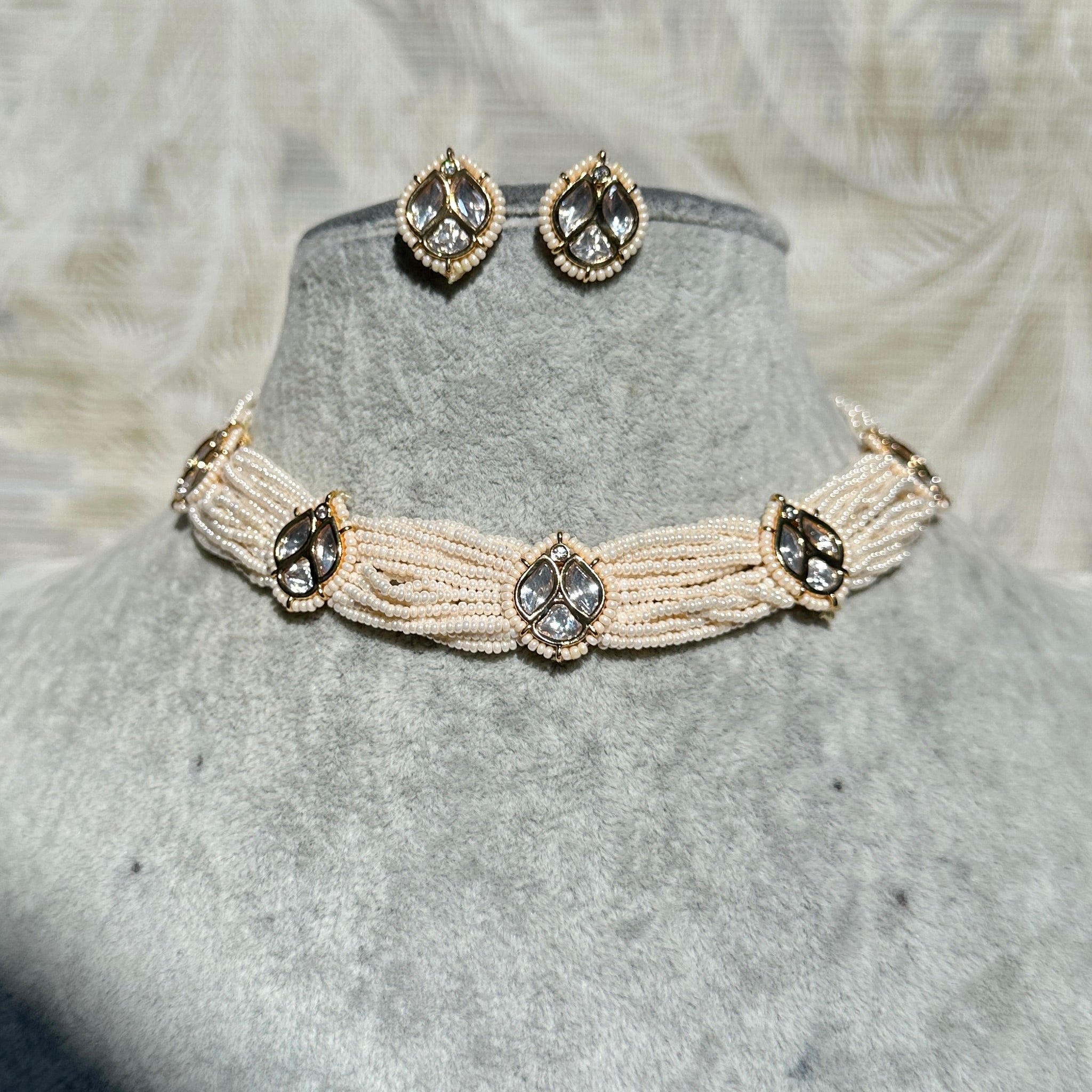 Micro Pearls Strands & Kundan Choker Necklace & Earrings Set