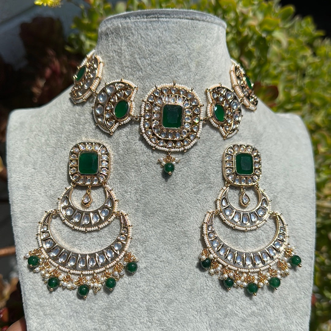 Gold Kundan Emerald Fan Choker Necklace and Earrings Set