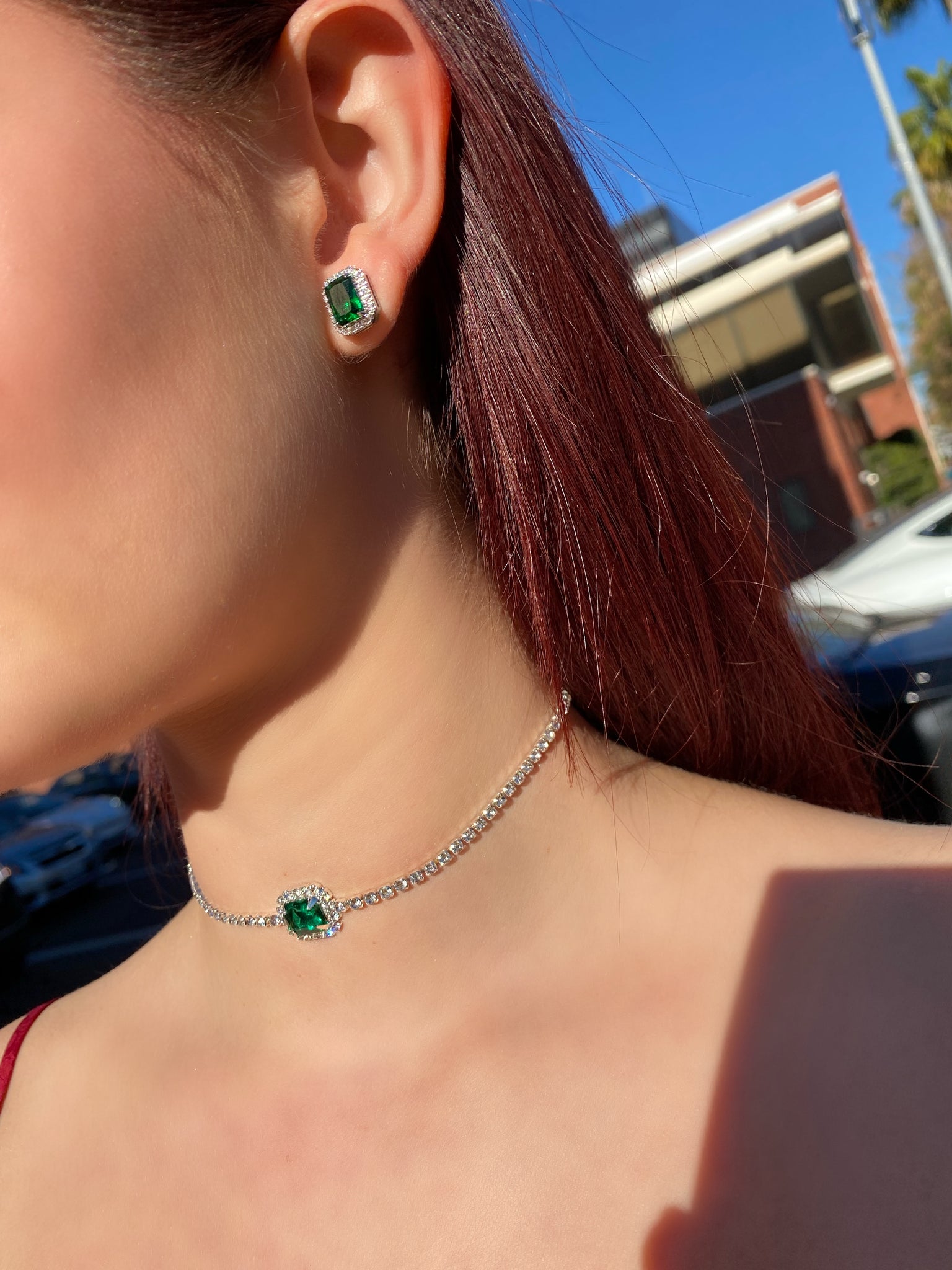Emerald Princess Cut Halo Stud Earrings
