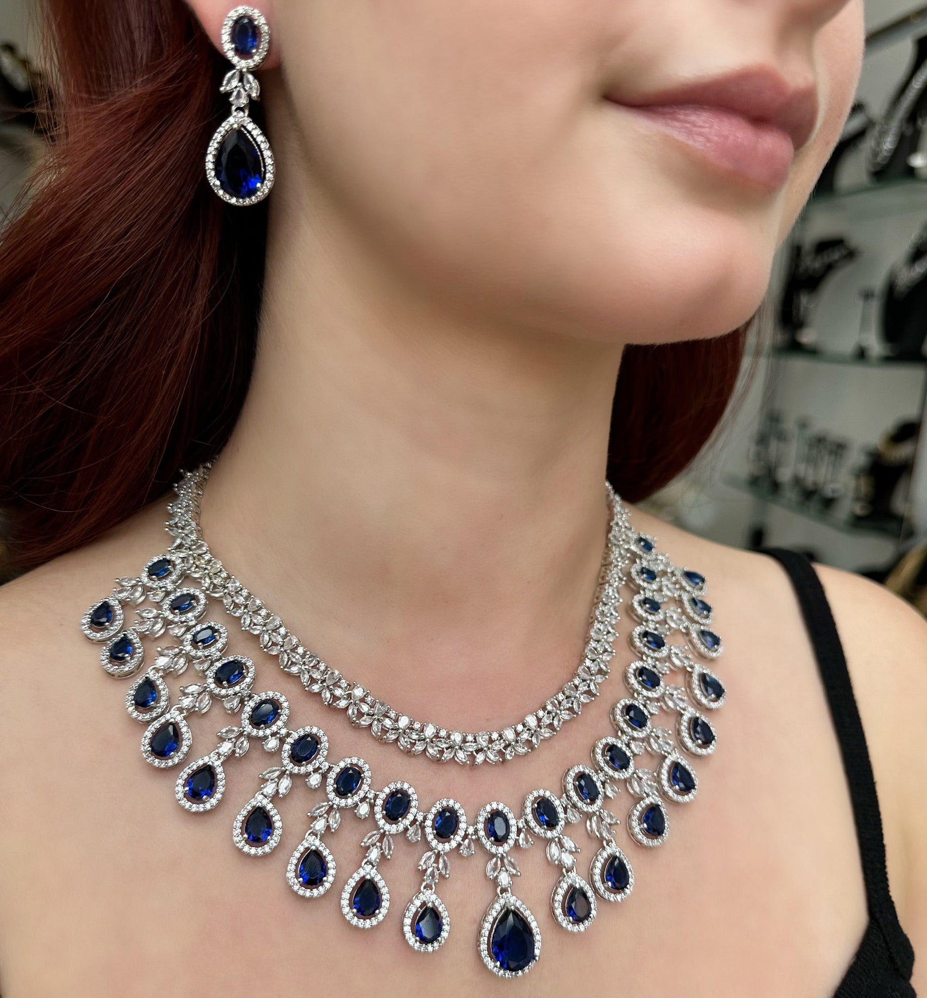 Sapphire Double Layered Necklace and Earrings Set