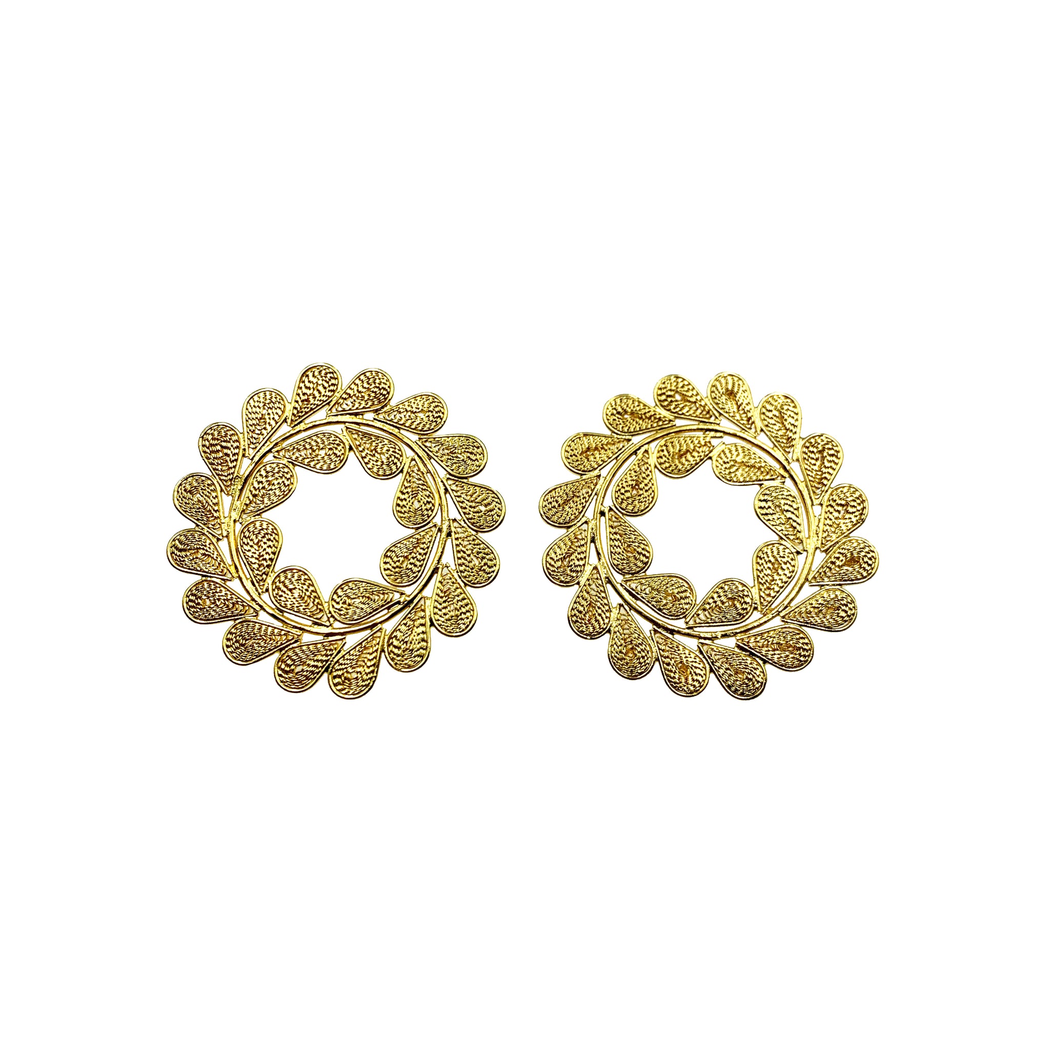 Gold circle leafy earrings front view