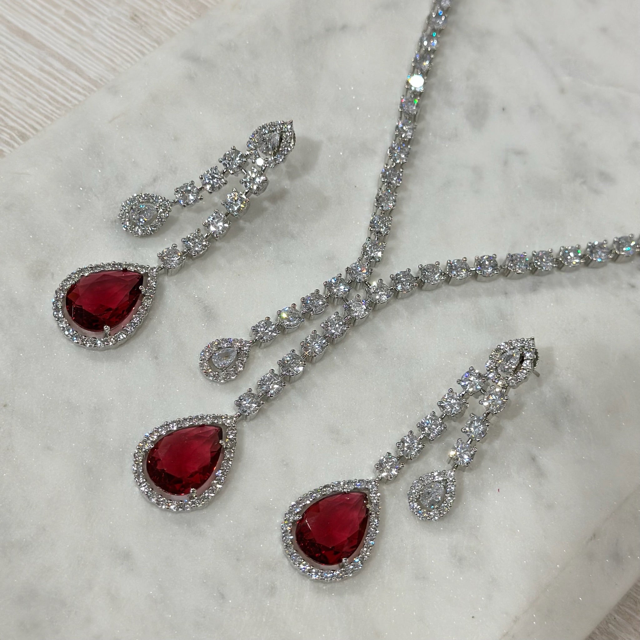 Ruby Diamondesque Dangle Teardrop Necklace & Earrings Set