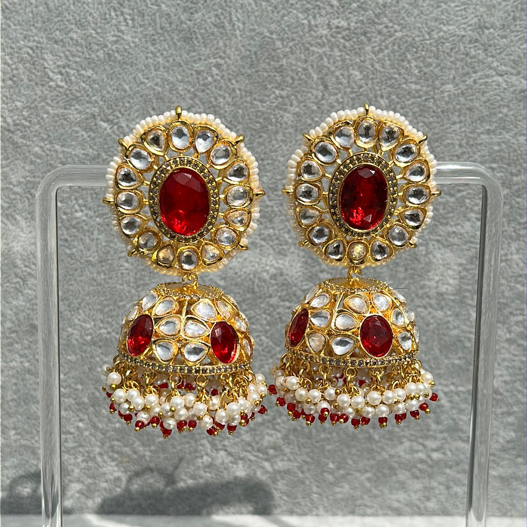 Gold & Ruby Kundan Jhumka Statement Earrings