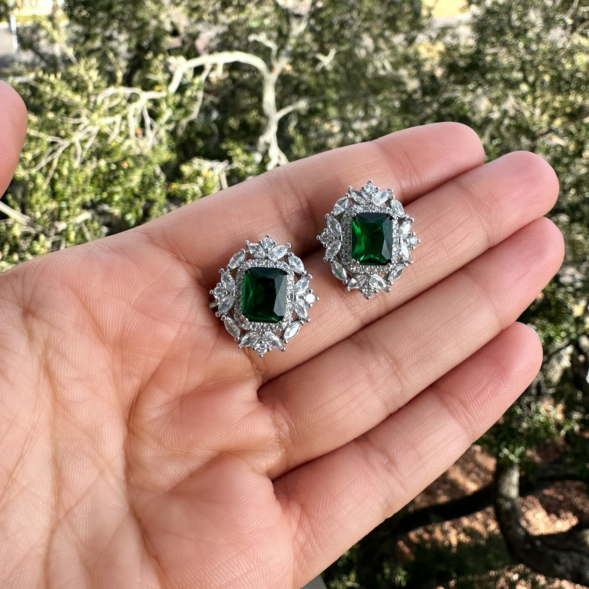 Emerald Princess Cut Crown Stud Earrings