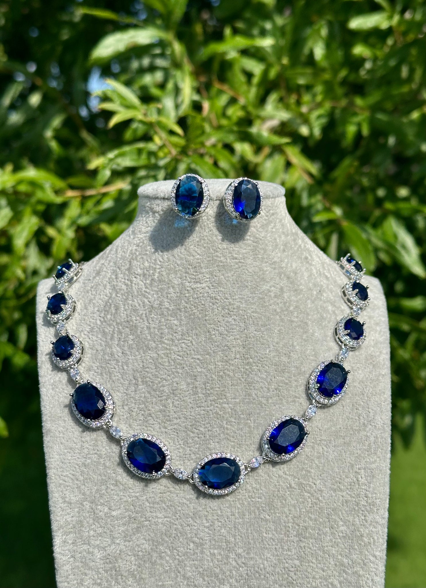 Petite Sapphire Oval Halo Necklace & Earrings Set