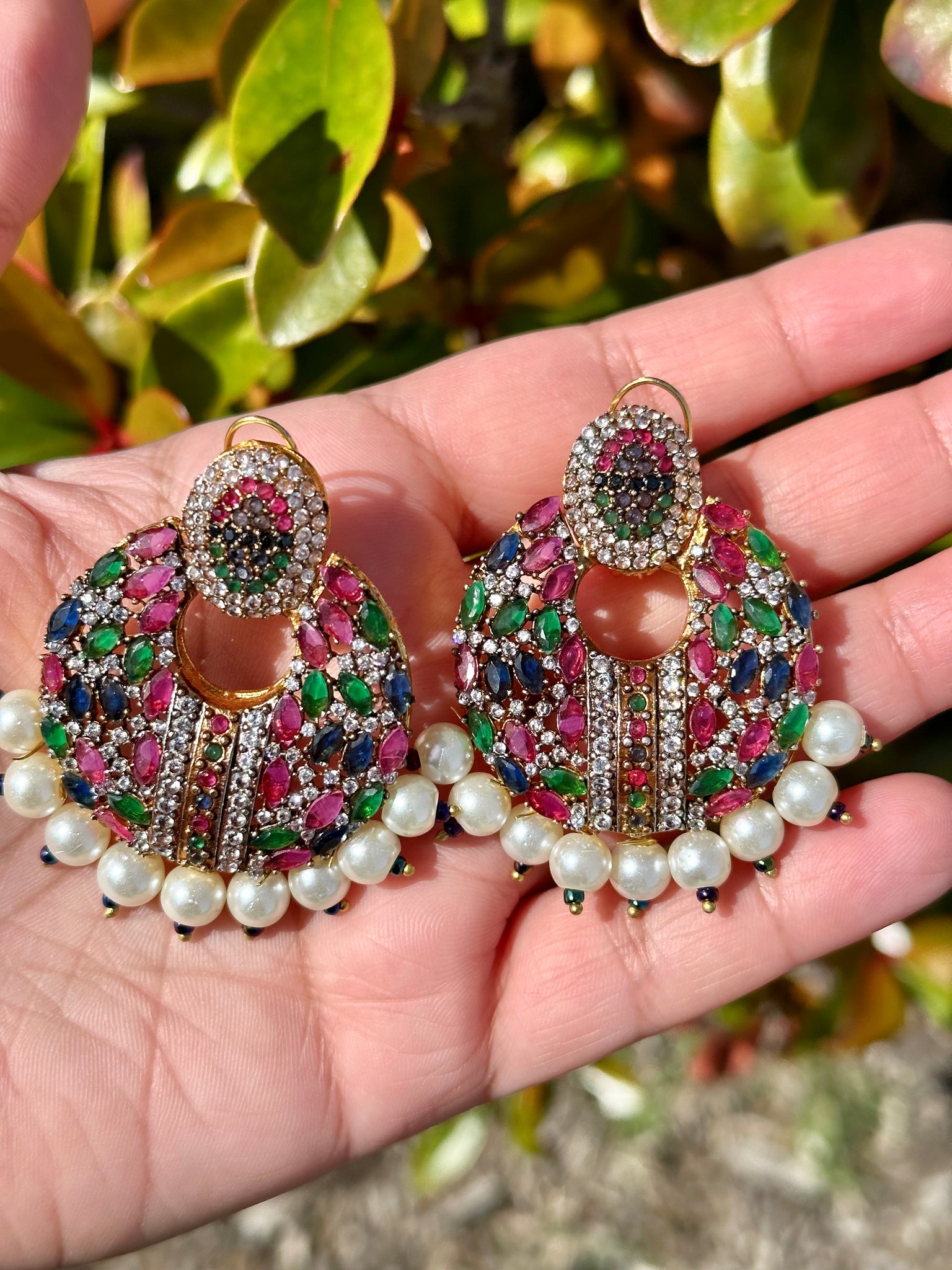 Multi Colored Chandbali & Pearl Earrings