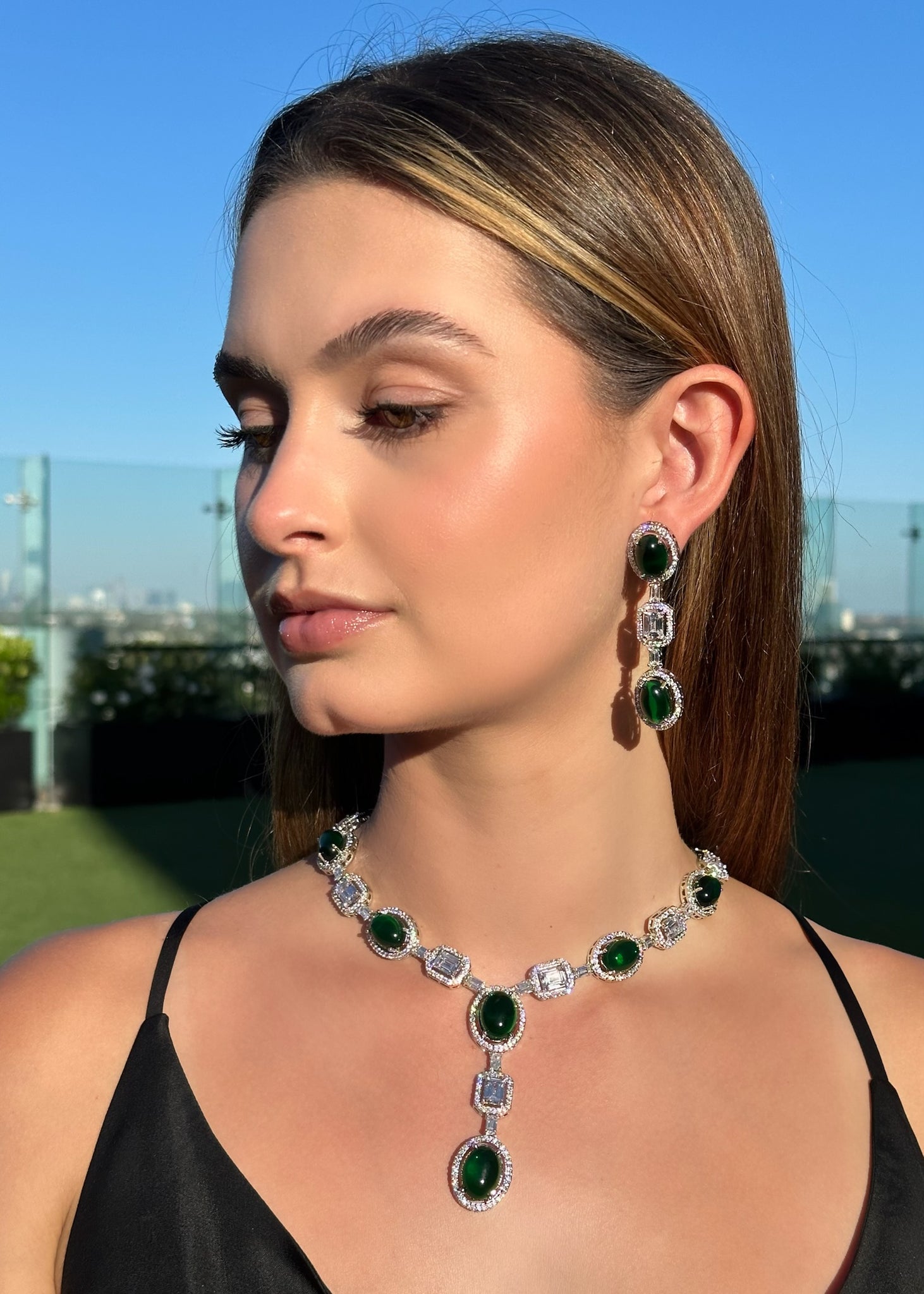 Emerald Diamondesque Lariat Necklace & Earrings Set