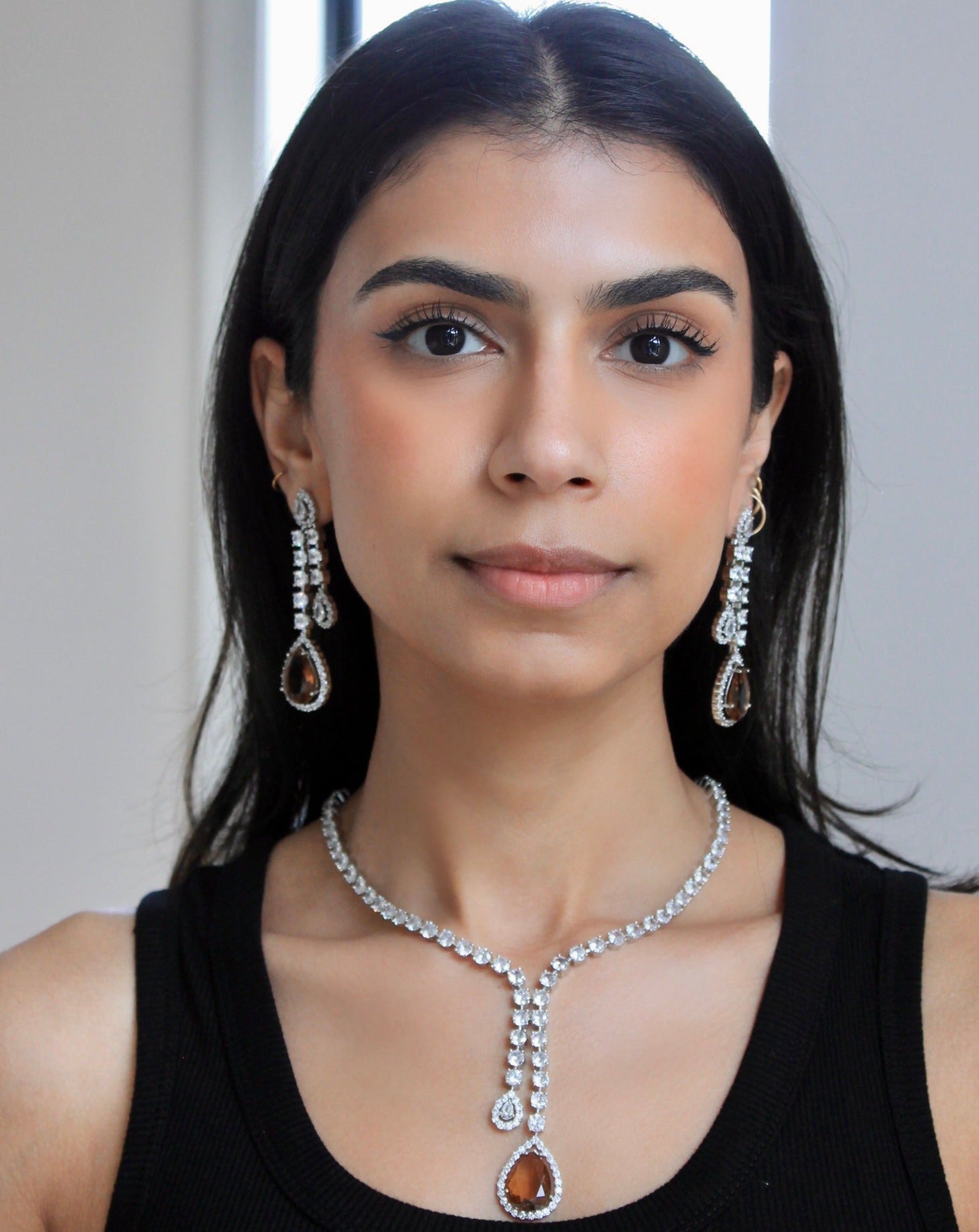Brown Diamondesque Dangle Teardrop Necklace & Earrings Set