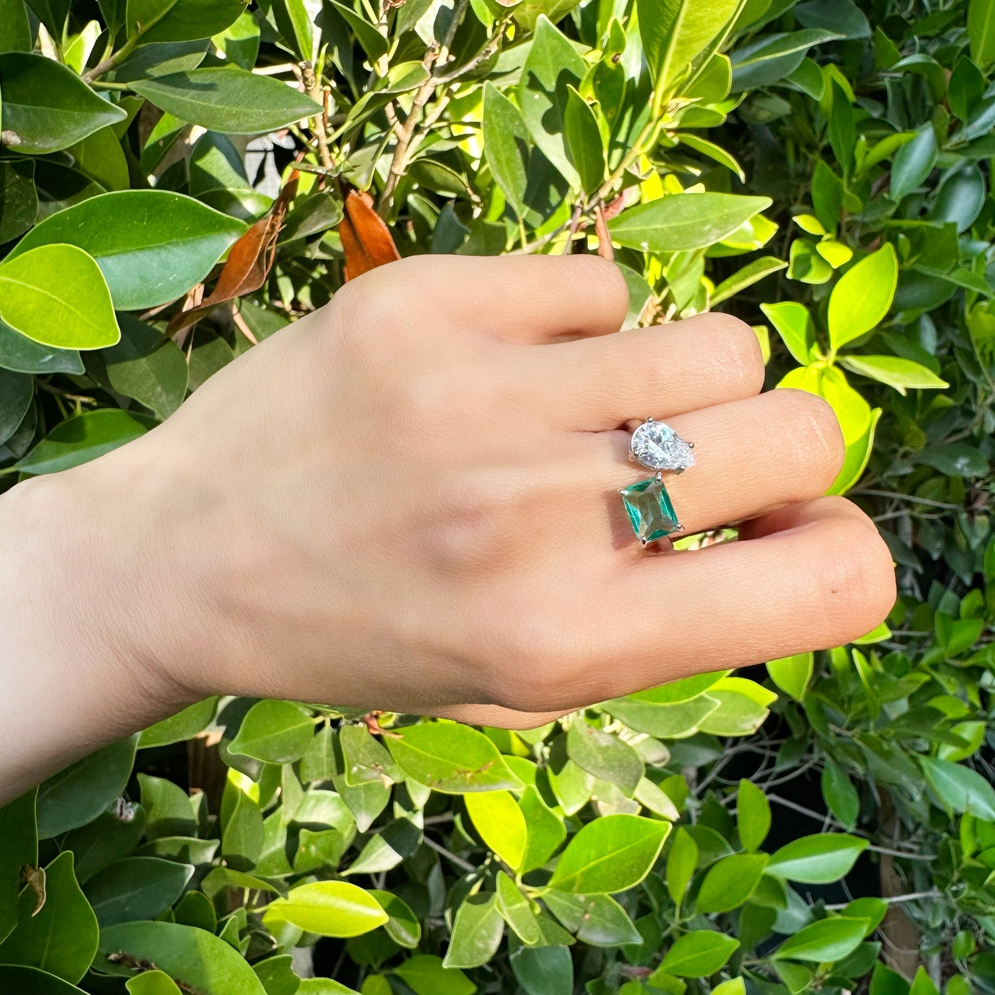 Asymmetric Solitaires Emerald Ring