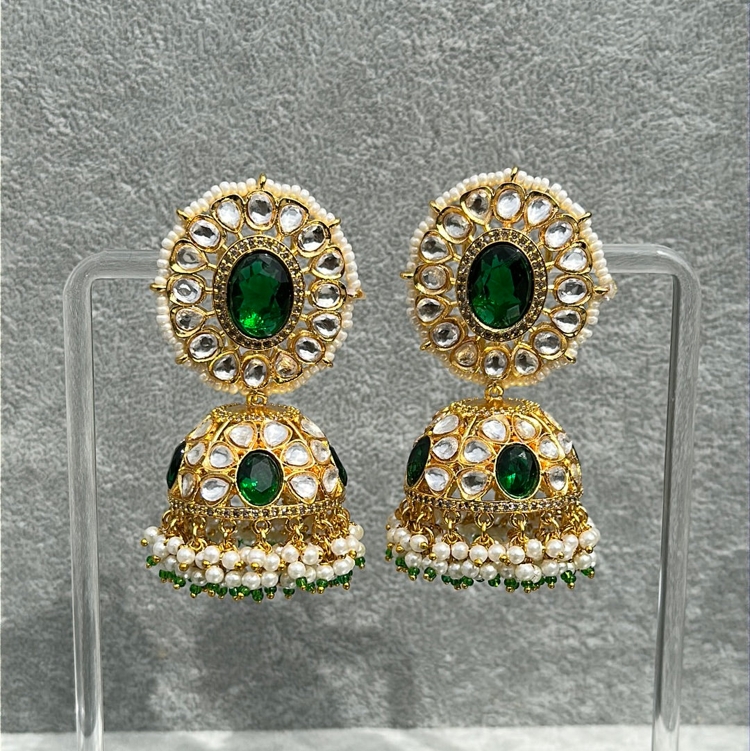 Gold & Emerald Kundan Jhumka Statement Earrings