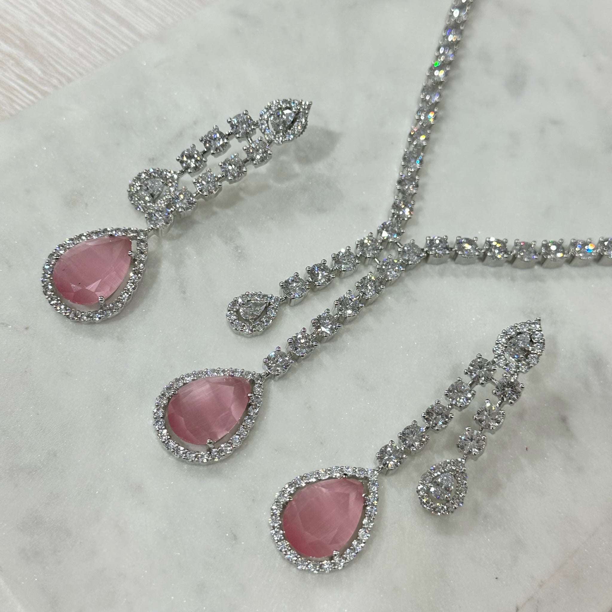 Blush Pink Diamondesque Dangle Teardrop Necklace & Earrings Set