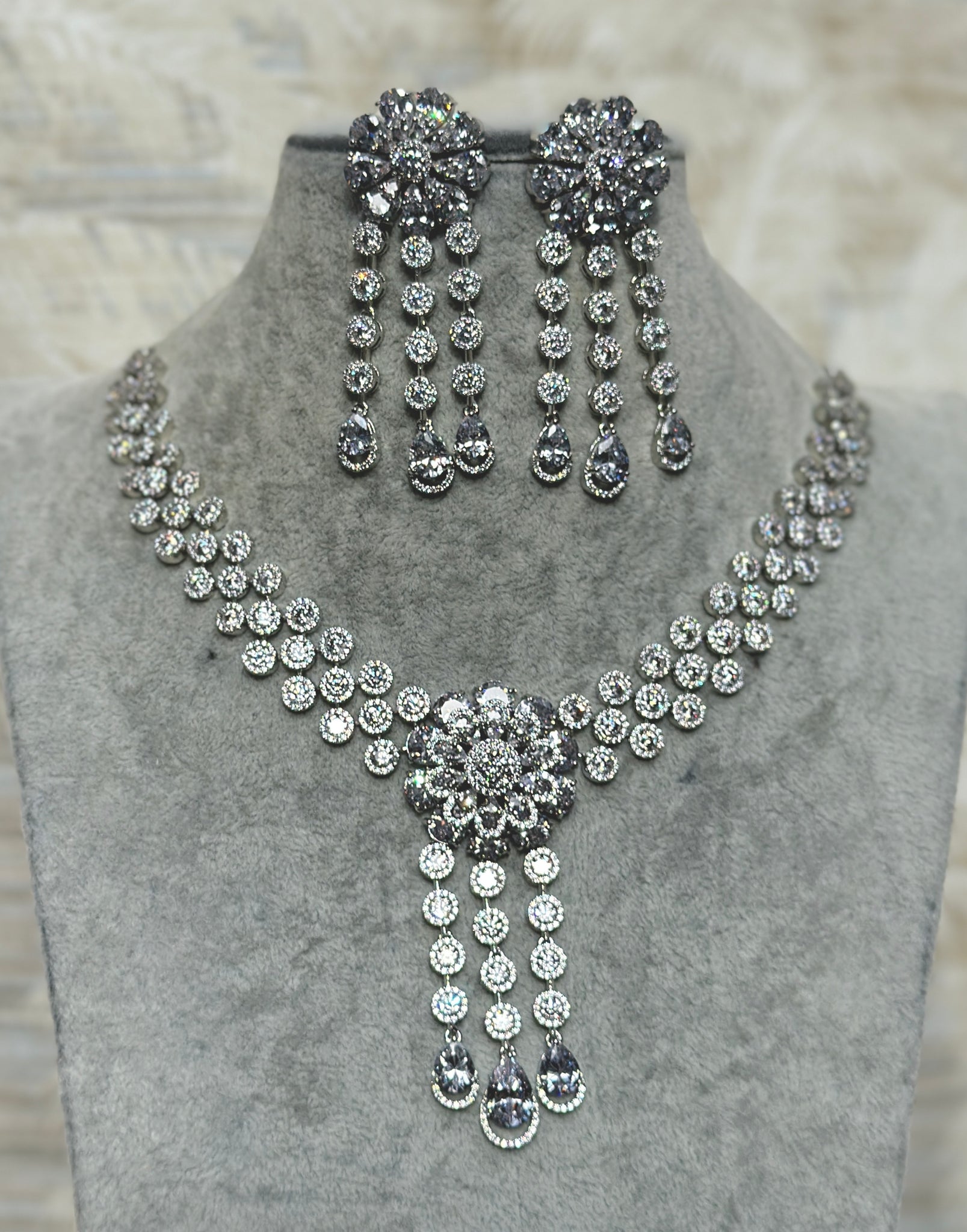 Diamondesque Flower Dangle Necklace & Earrings Set
