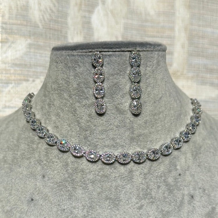 Petite Oval Halo Line Necklace & Earrings Set