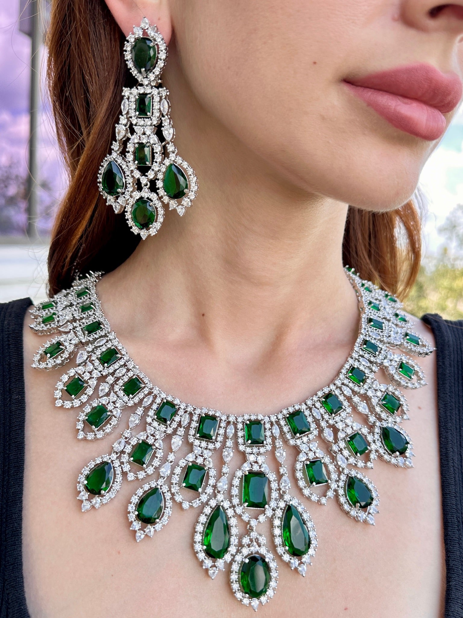 Statement Diamondesque Emerald Green Halo Necklace and Earrings Set