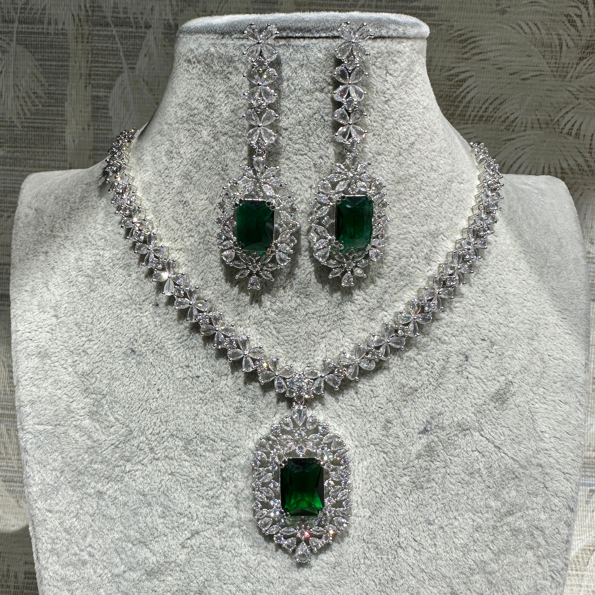 Diamondesque Cluster Emerald Pendant Necklace & Earrings Set