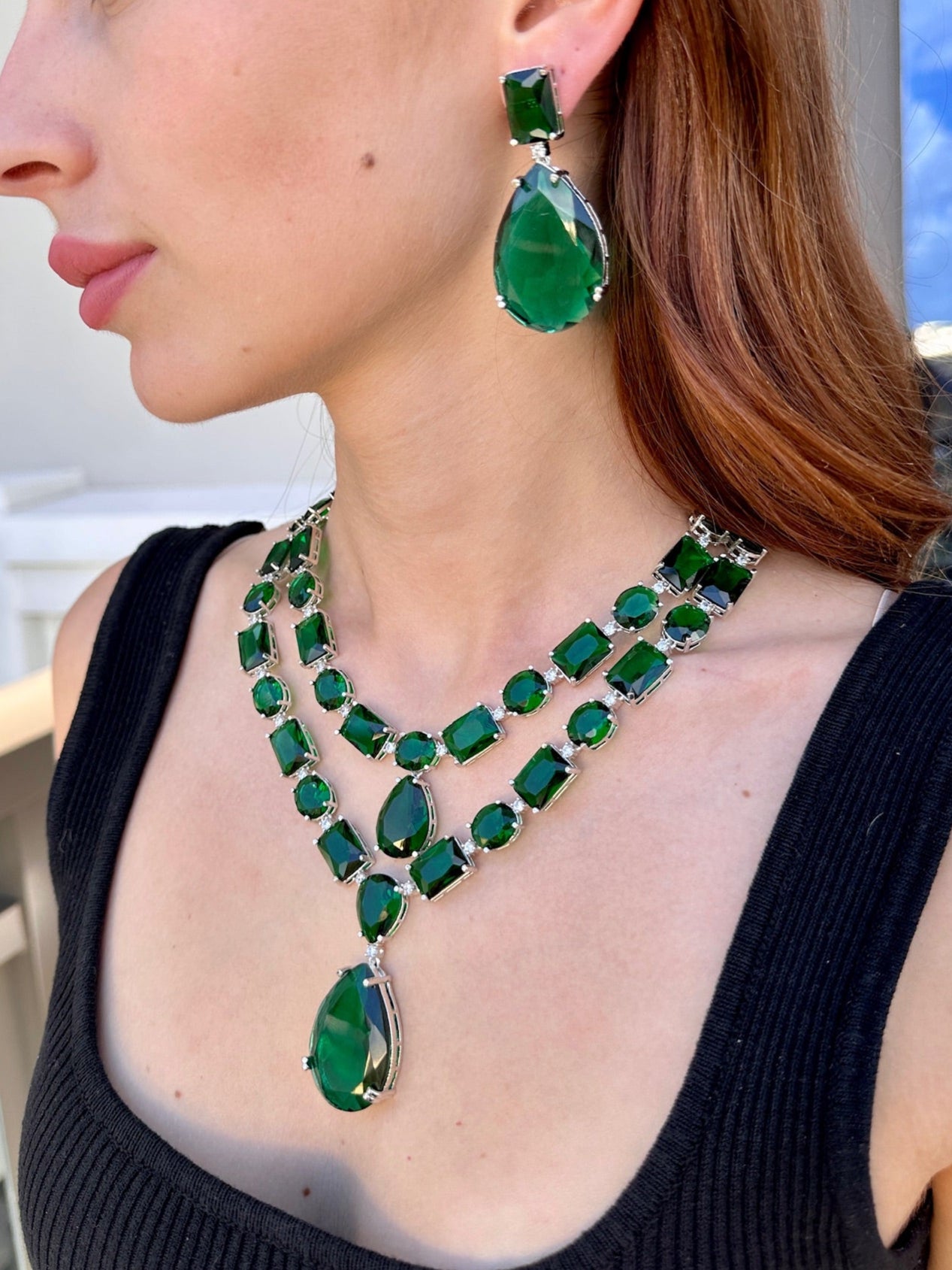 Statement Emerald Green Stone Layered Pendant Necklace and Earrings Set