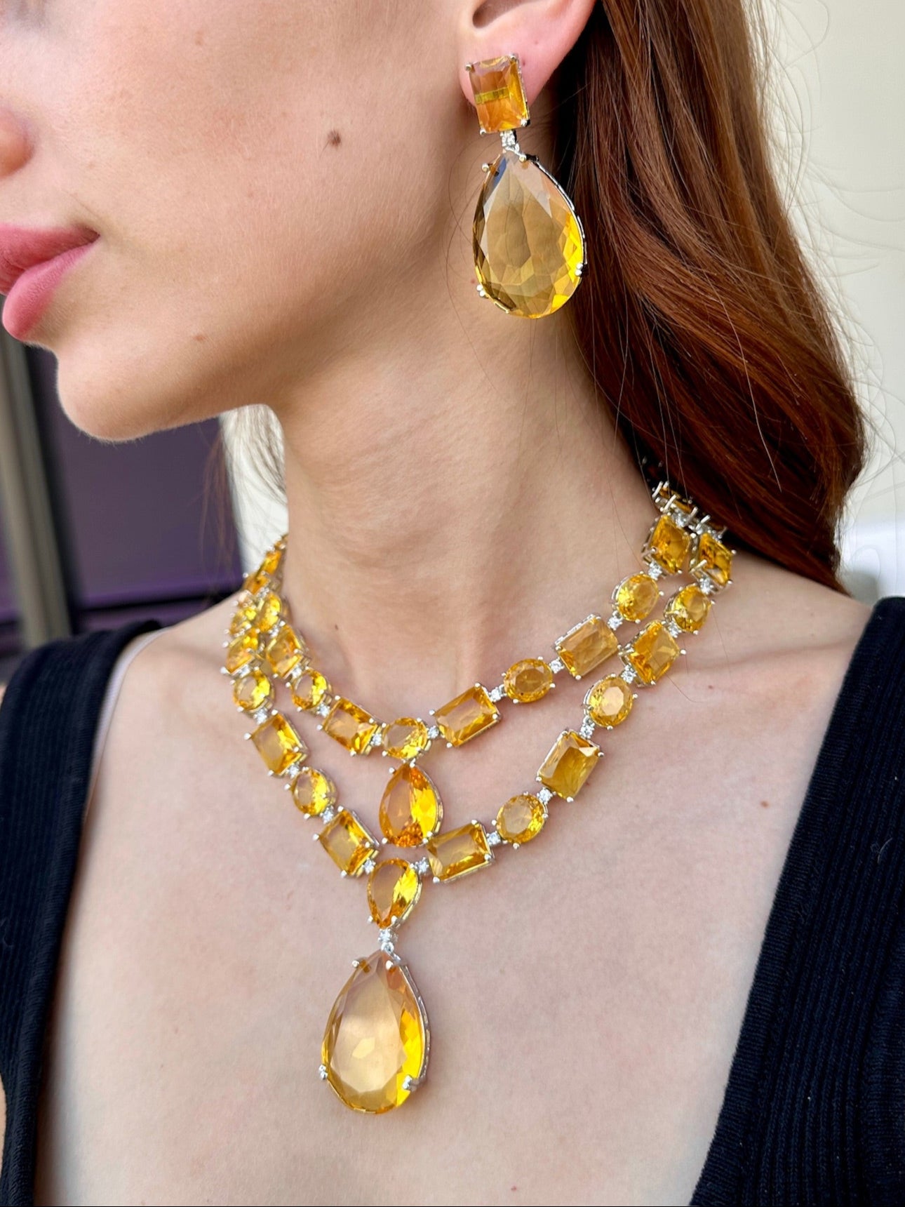 Statement Canary Yellow Stone Layered Pendant Necklace and Earrings Set