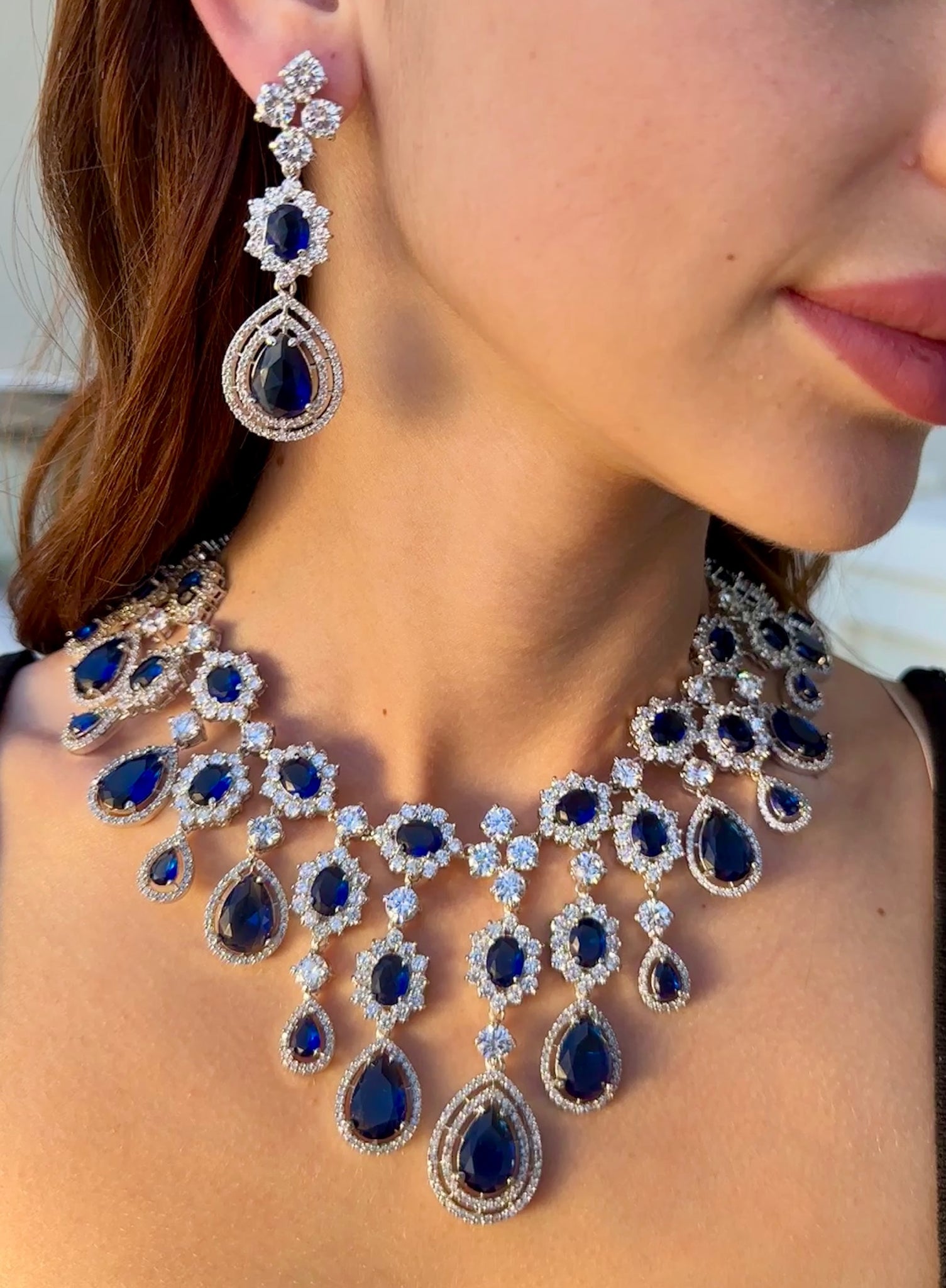Sapphire Tiered Teardrop Necklace and Earrings Set