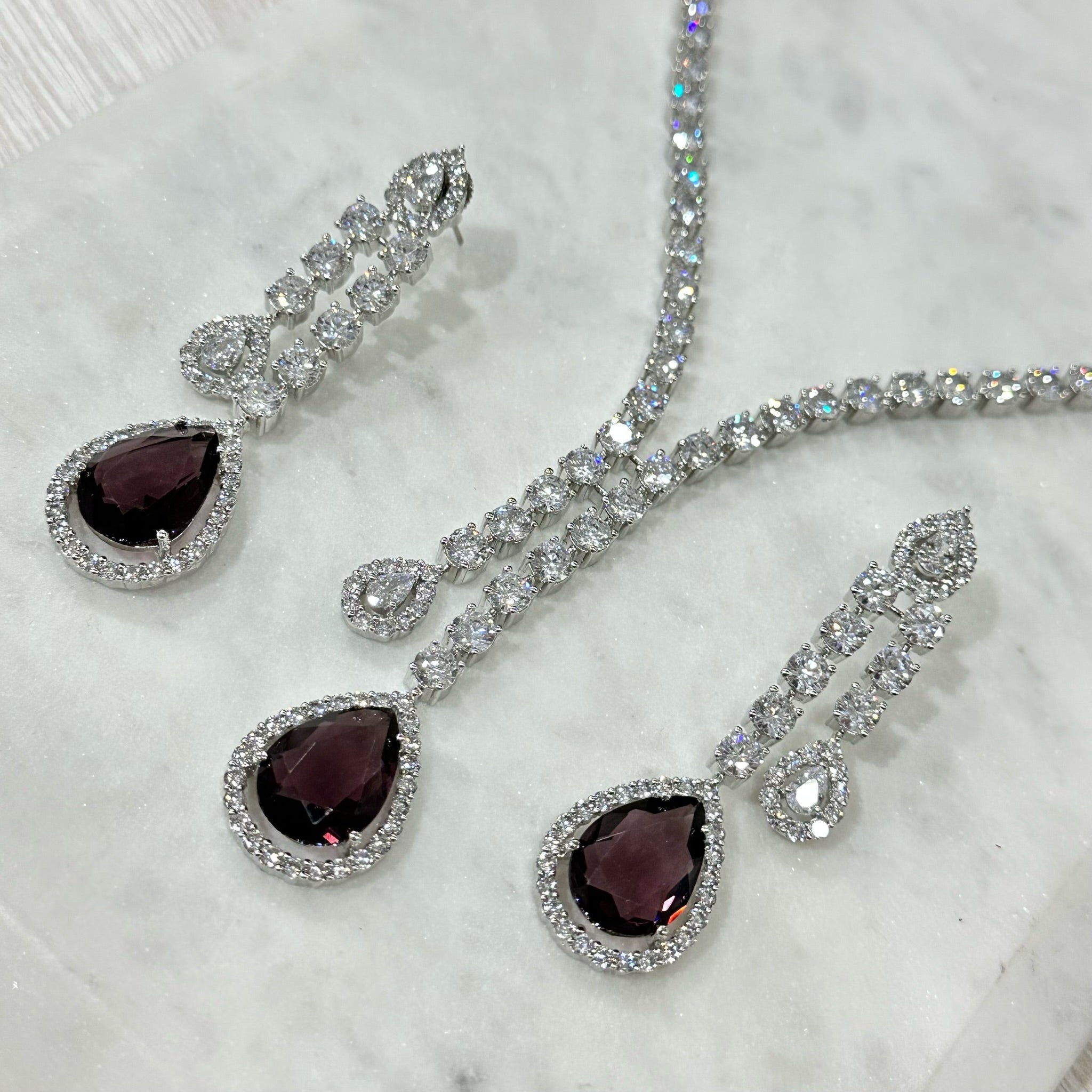 Purple Diamondesque Dangle Teardrop Necklace & Earrings Set