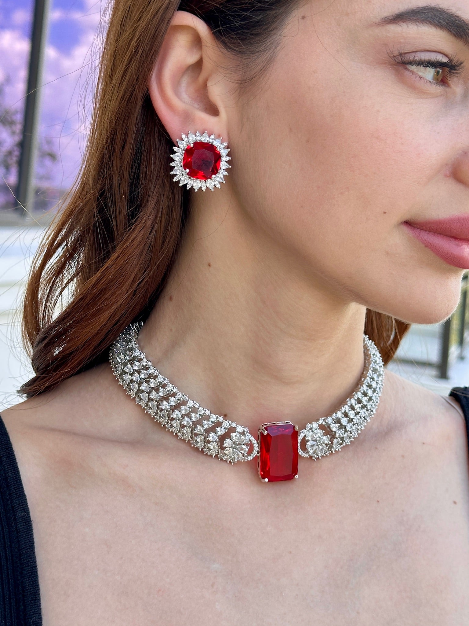 Diamondesque Ruby Princess Choker Necklace and Earrings Set