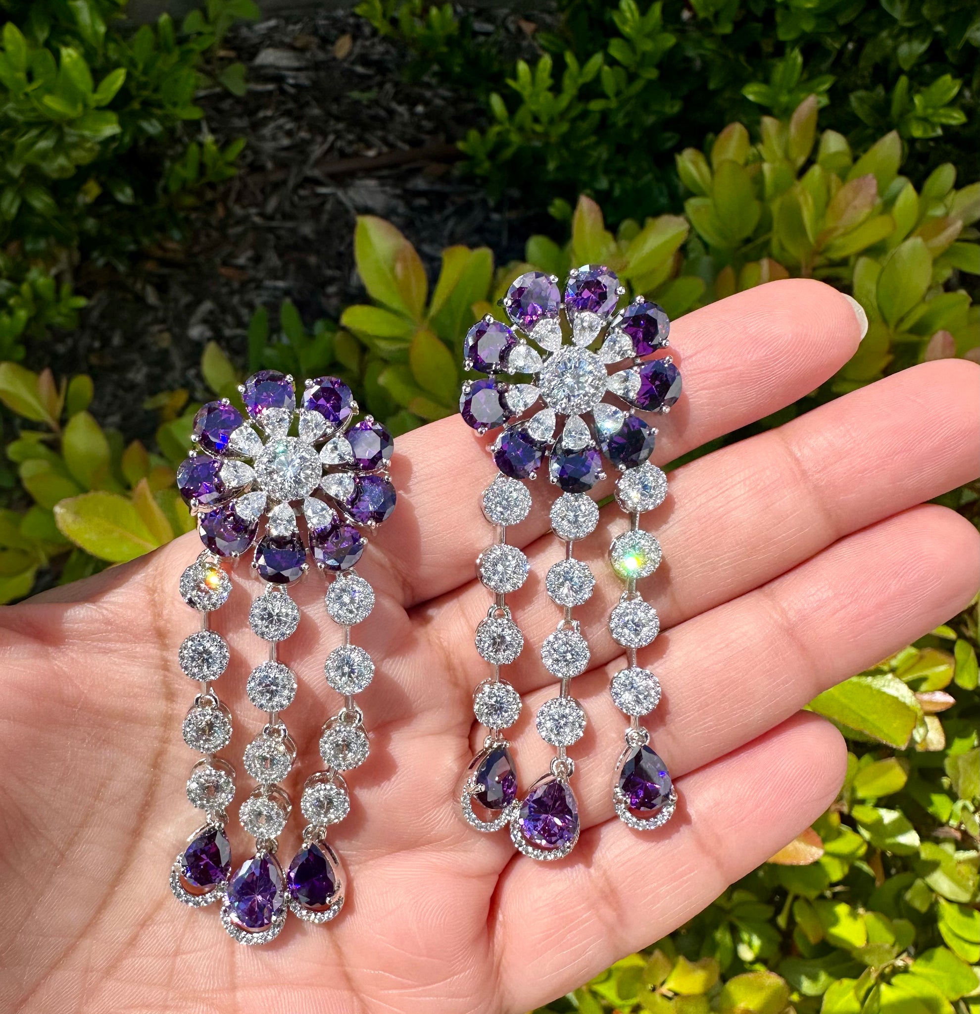 Purple Sapphire Diamondesque Flower Drop Earrings