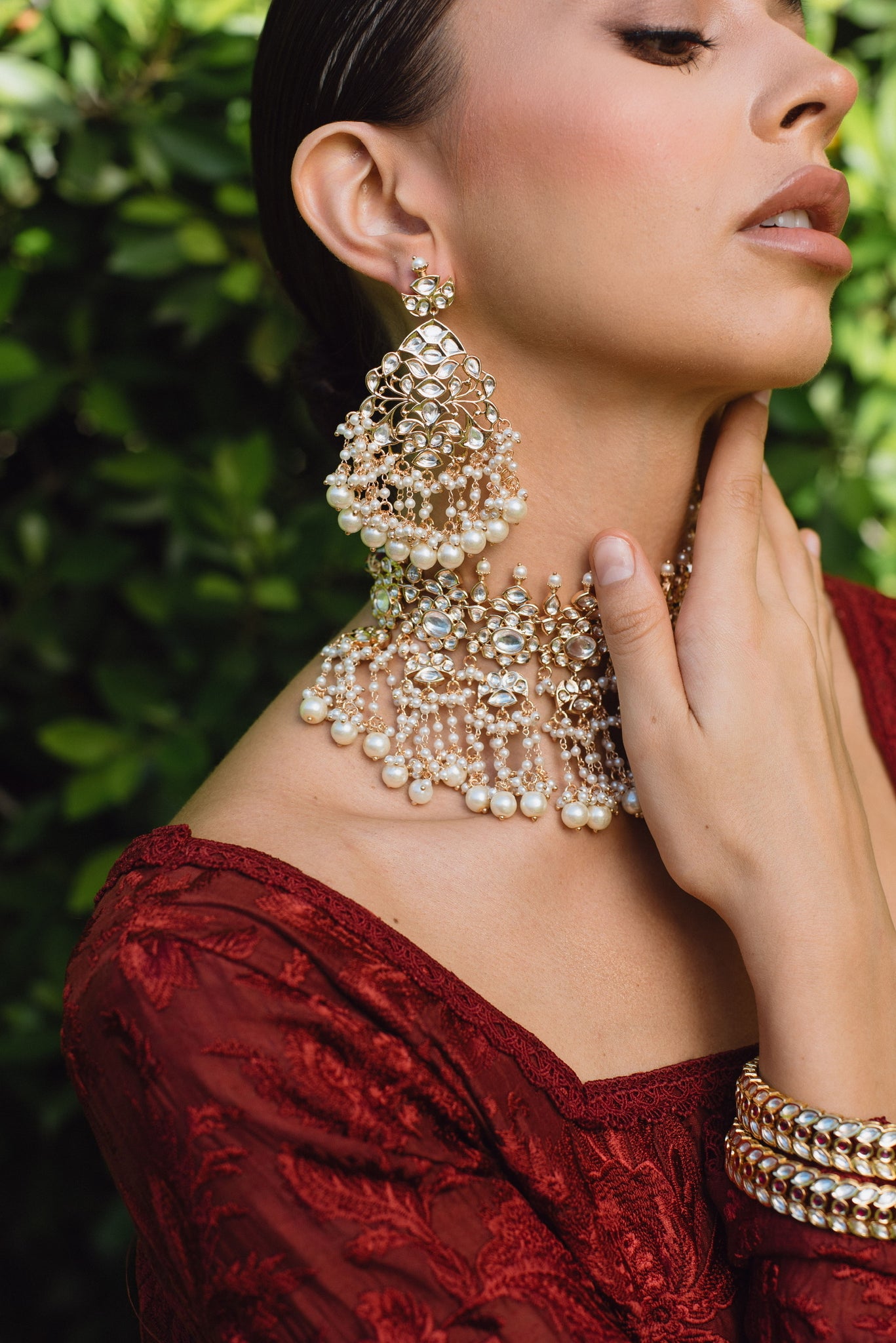 Gold Kundan Crowned Choker Necklace, Earrings, & Tikka Set