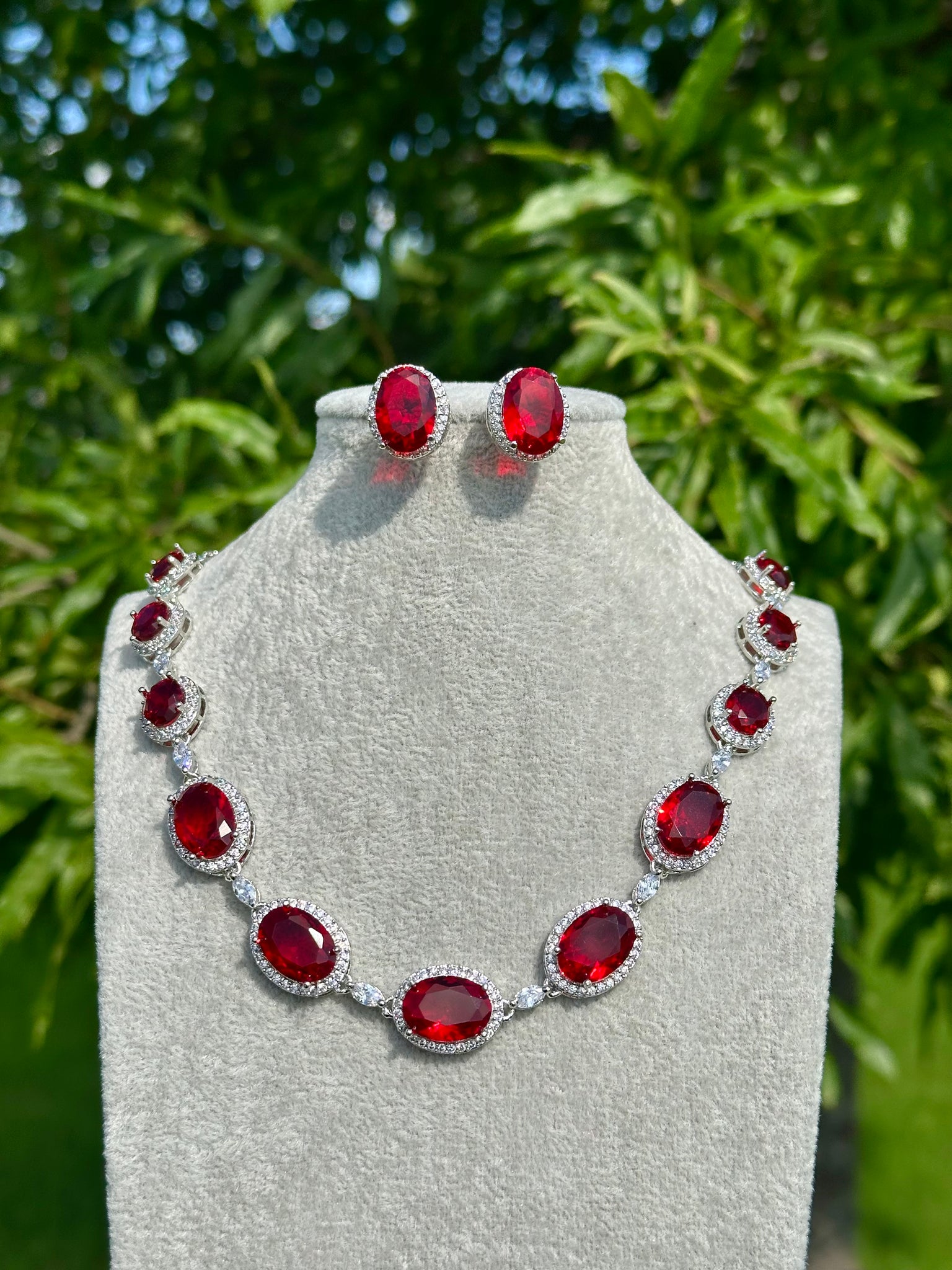 Petite Ruby Oval Halo Necklace & Earrings Set