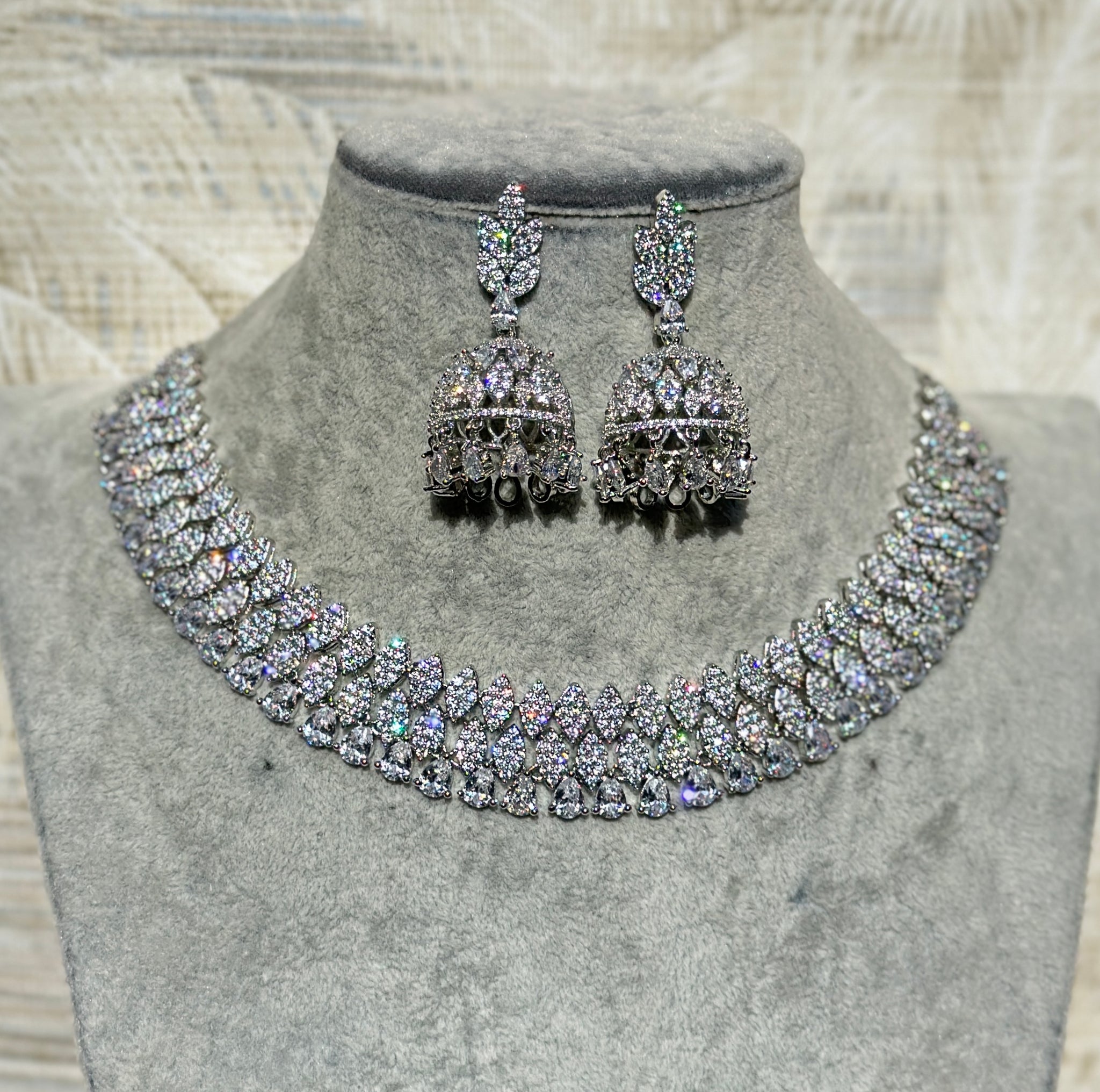 Pave Diamondesque Collar Necklace & Jhumka Earrings Set