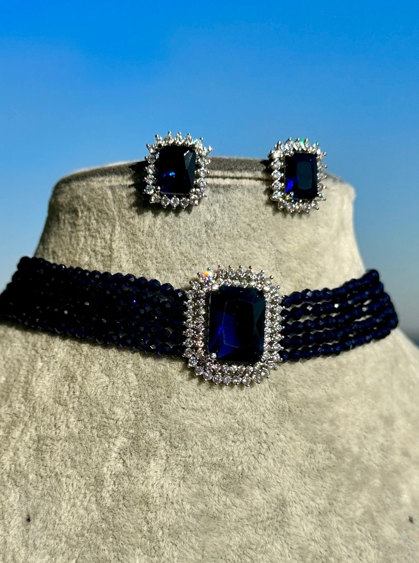 Sapphire Strands Princess Choker Necklace & Earrings Set