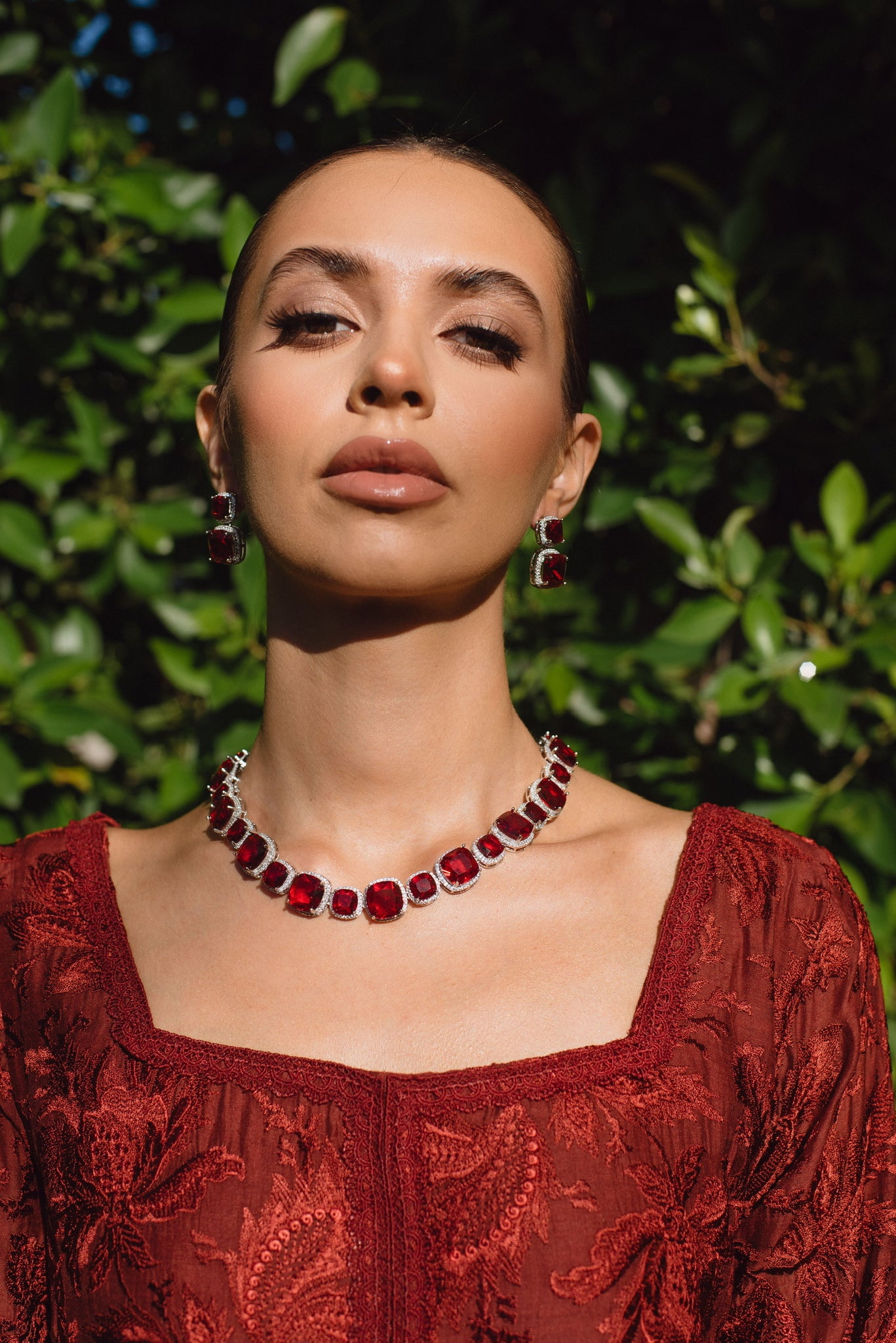 Ruby Squares Halo Necklace & Earrings Set