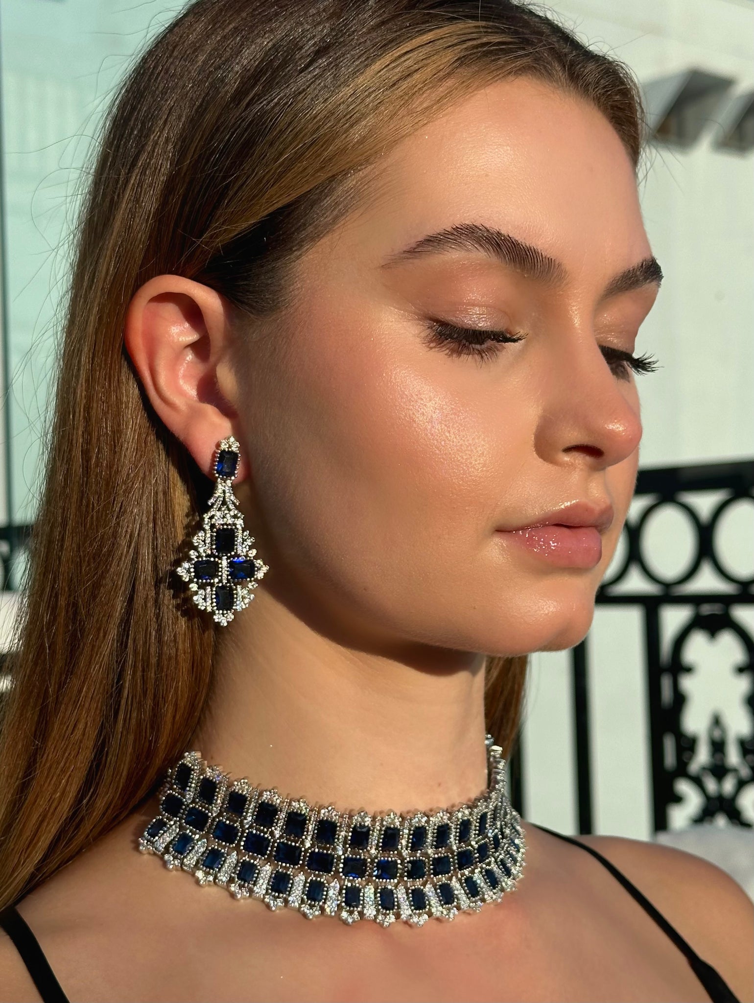 Sapphire Stacked Choker Necklace & Earrings Set