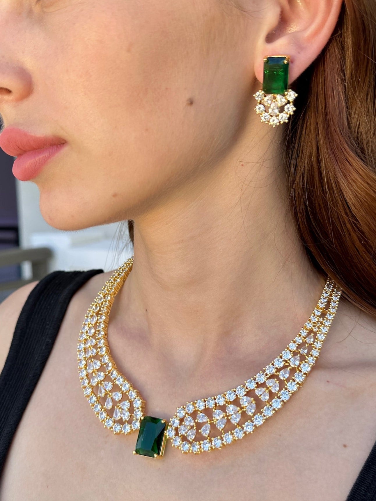 Diamondesque Emerald Green Collar Princess Necklace and Earrings Set