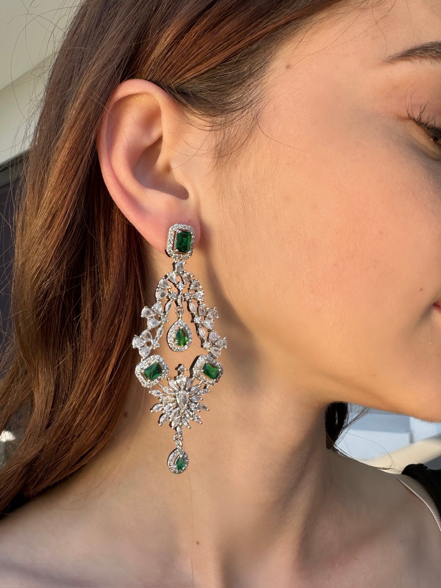 Diamondesque & Emerald Cluster Cutout Earrings
