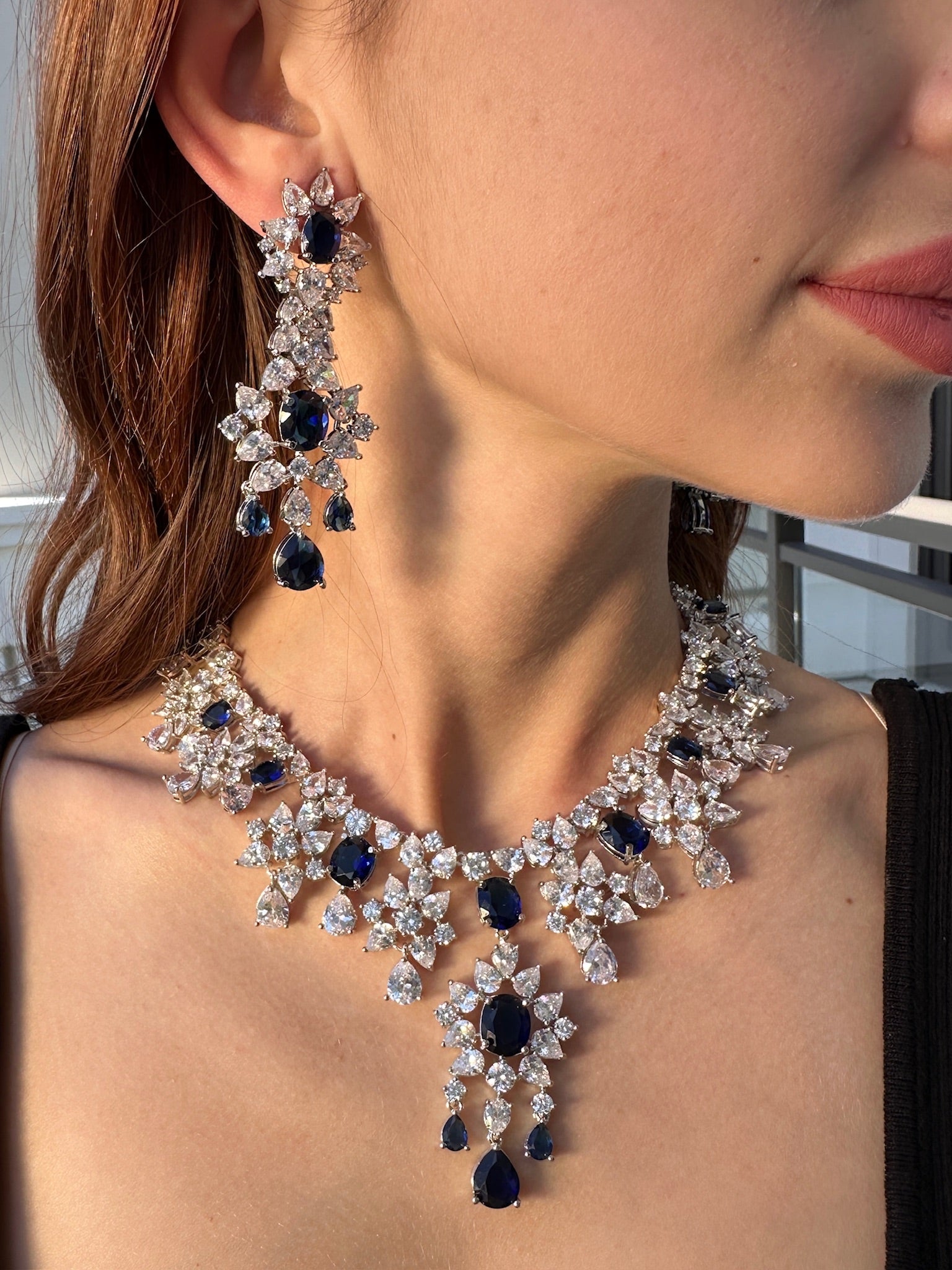 Sapphire Blue Diamondesque Necklace and Earrings