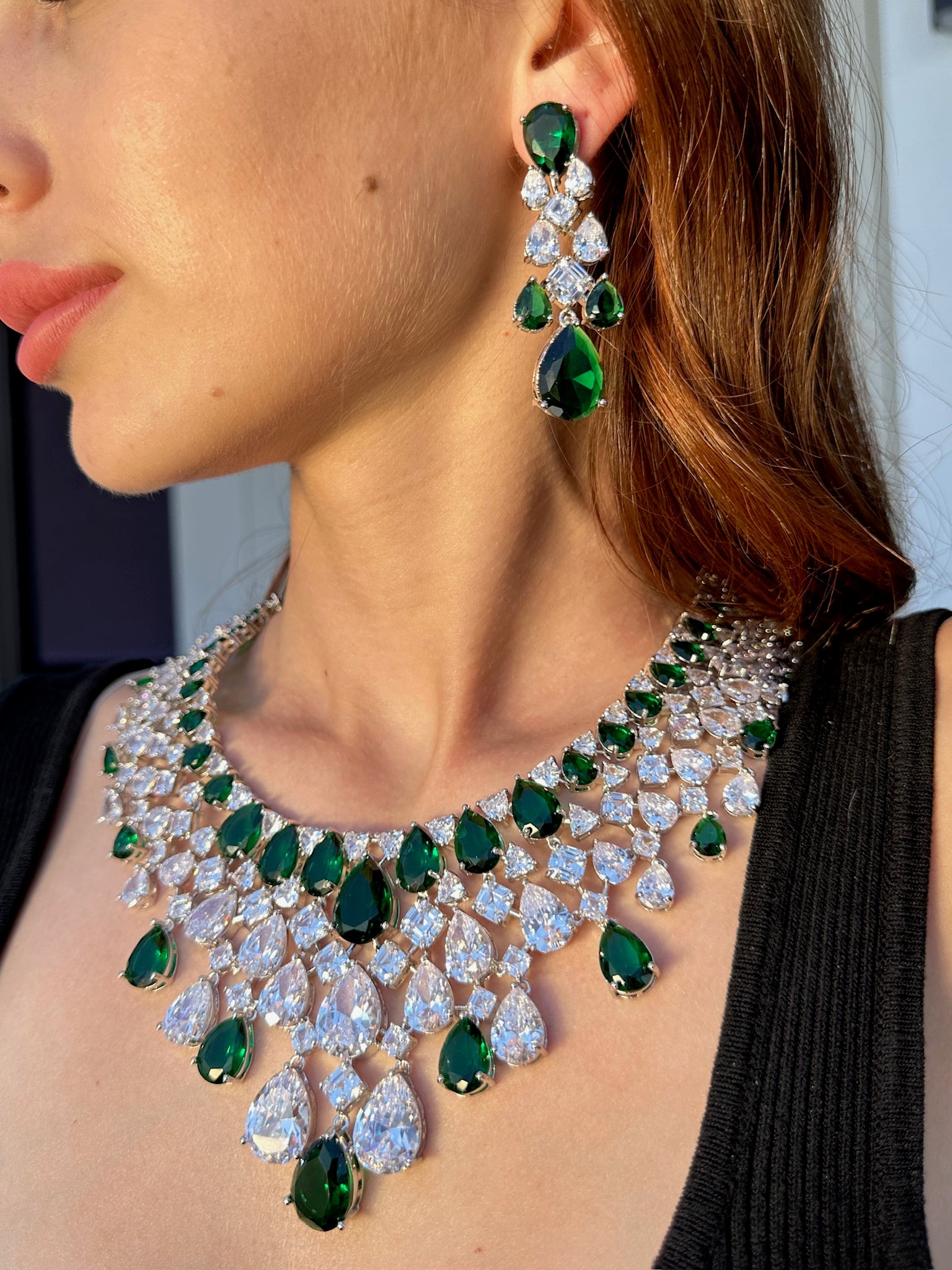 Statement Diamondesque & Emerald Green Drops Necklace and Earrings Set