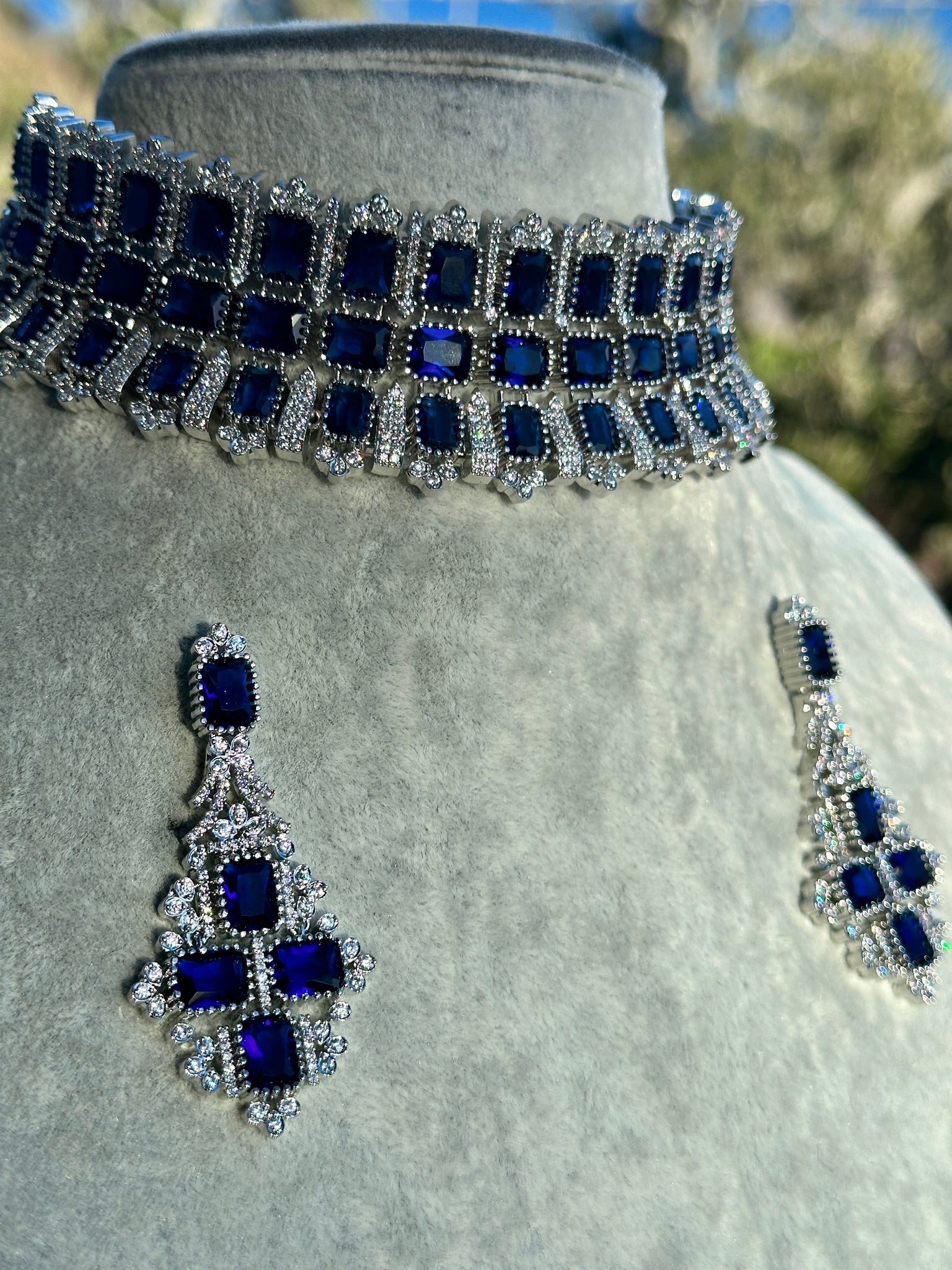 Sapphire Stacked Choker Necklace & Earrings Set