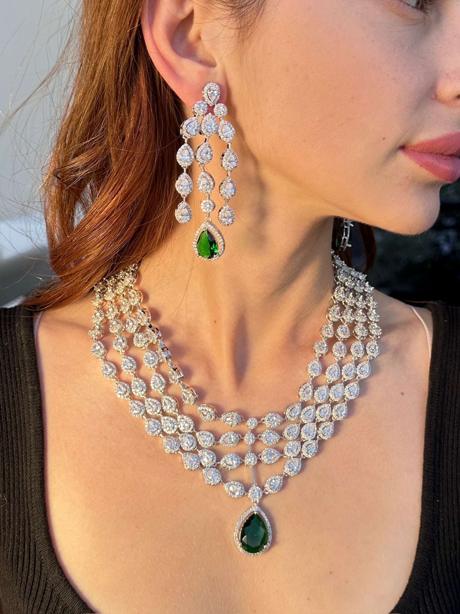 Diamondesque Layered Emerald Pendant Necklace and Earrings Set