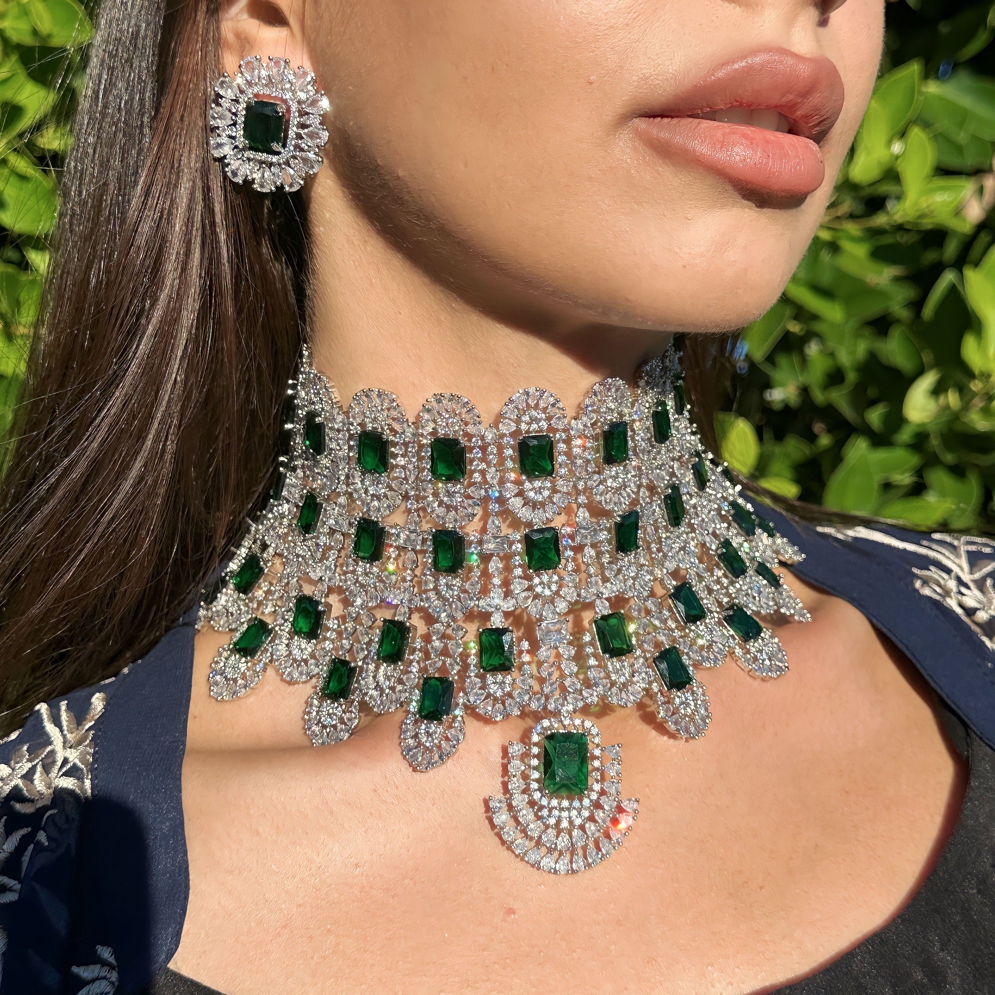 Kiara Emerald Bridal Necklace, Earrings, & Tikka Set