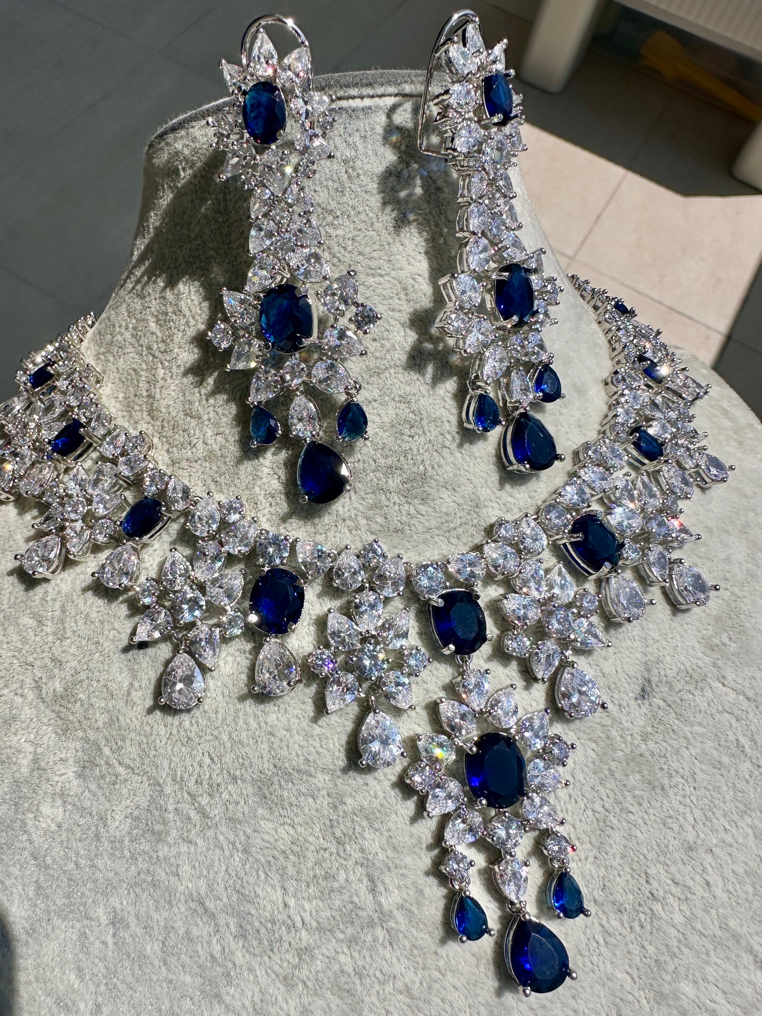 Sapphire Blue Diamondesque Necklace and Earrings