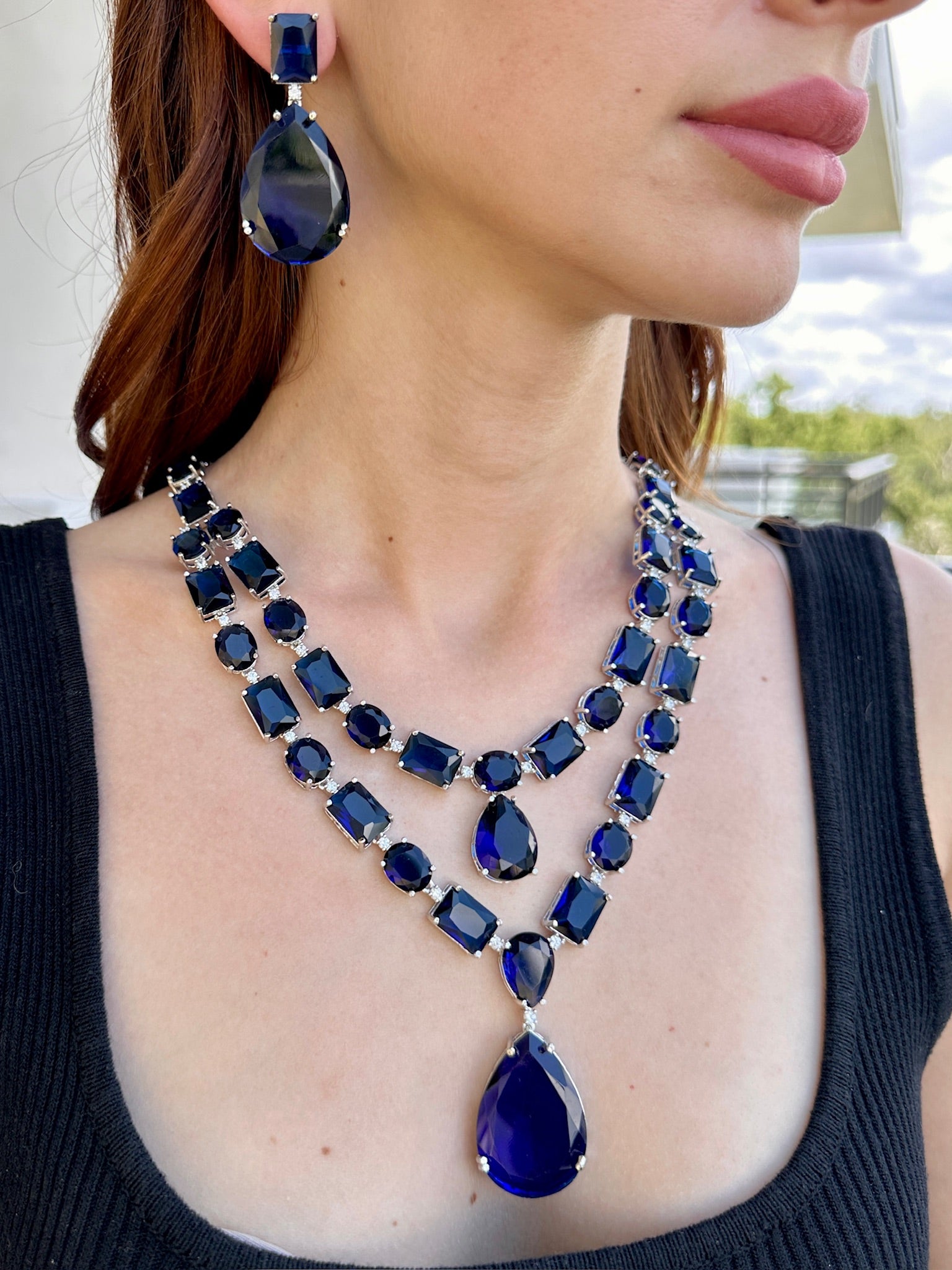 Statement Sapphire Blue Stone Layered Pendant Necklace and Earrings Set